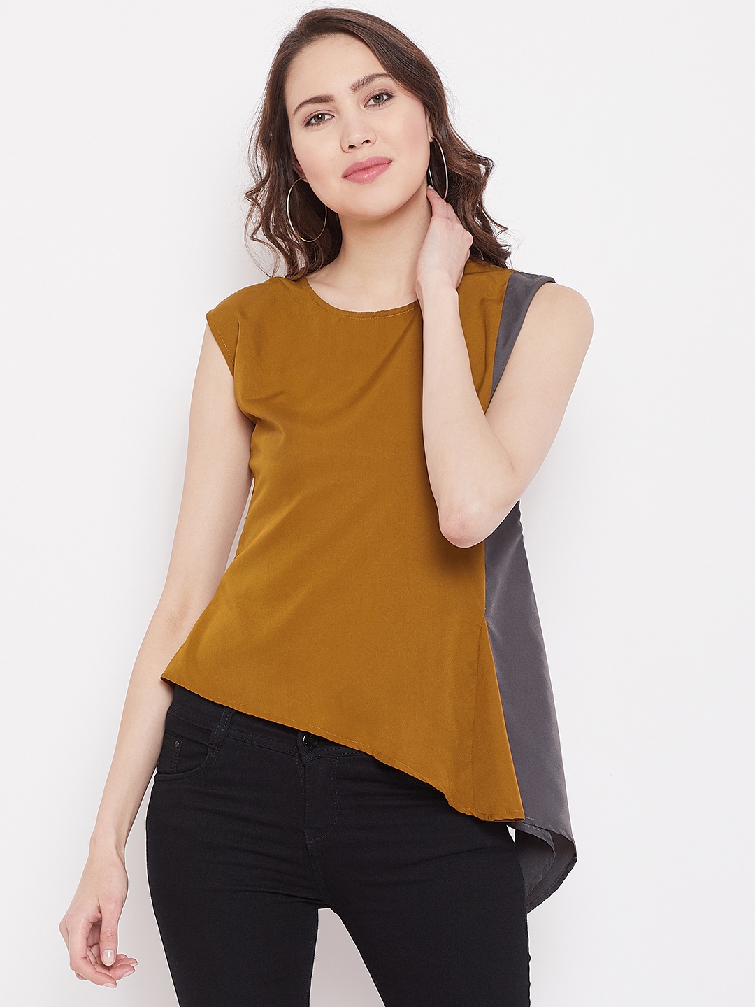 

Alsace Lorraine Paris Women Mustard Brown & Grey Colourblocked Detail Top