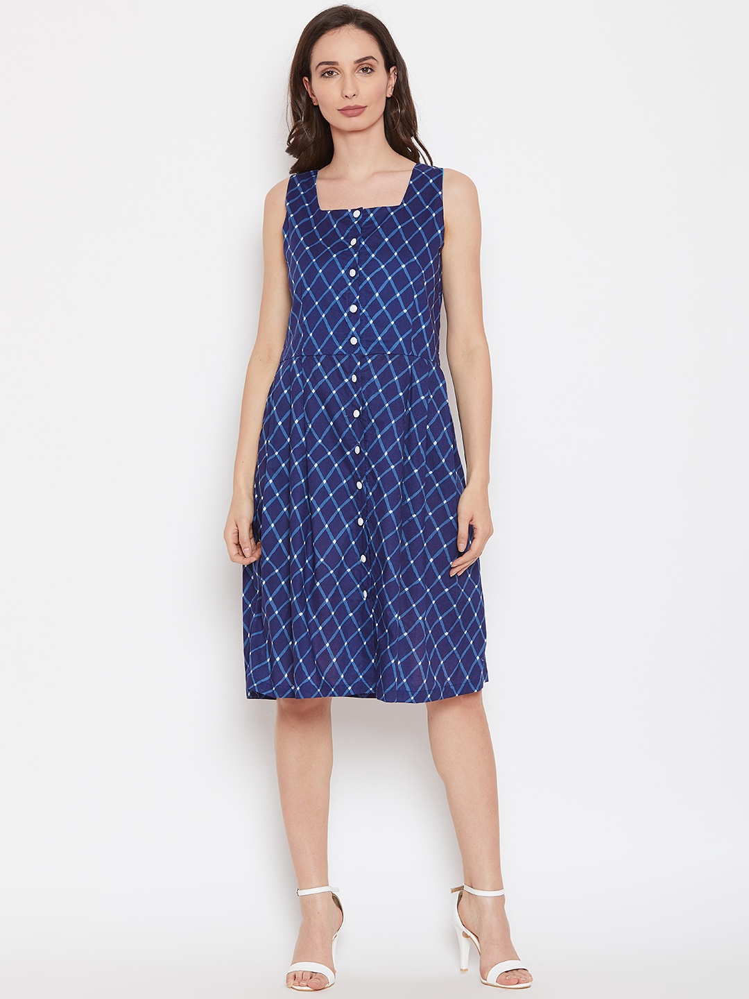 

Alsace Lorraine Paris Women Navy Blue Checked A-Line Dress