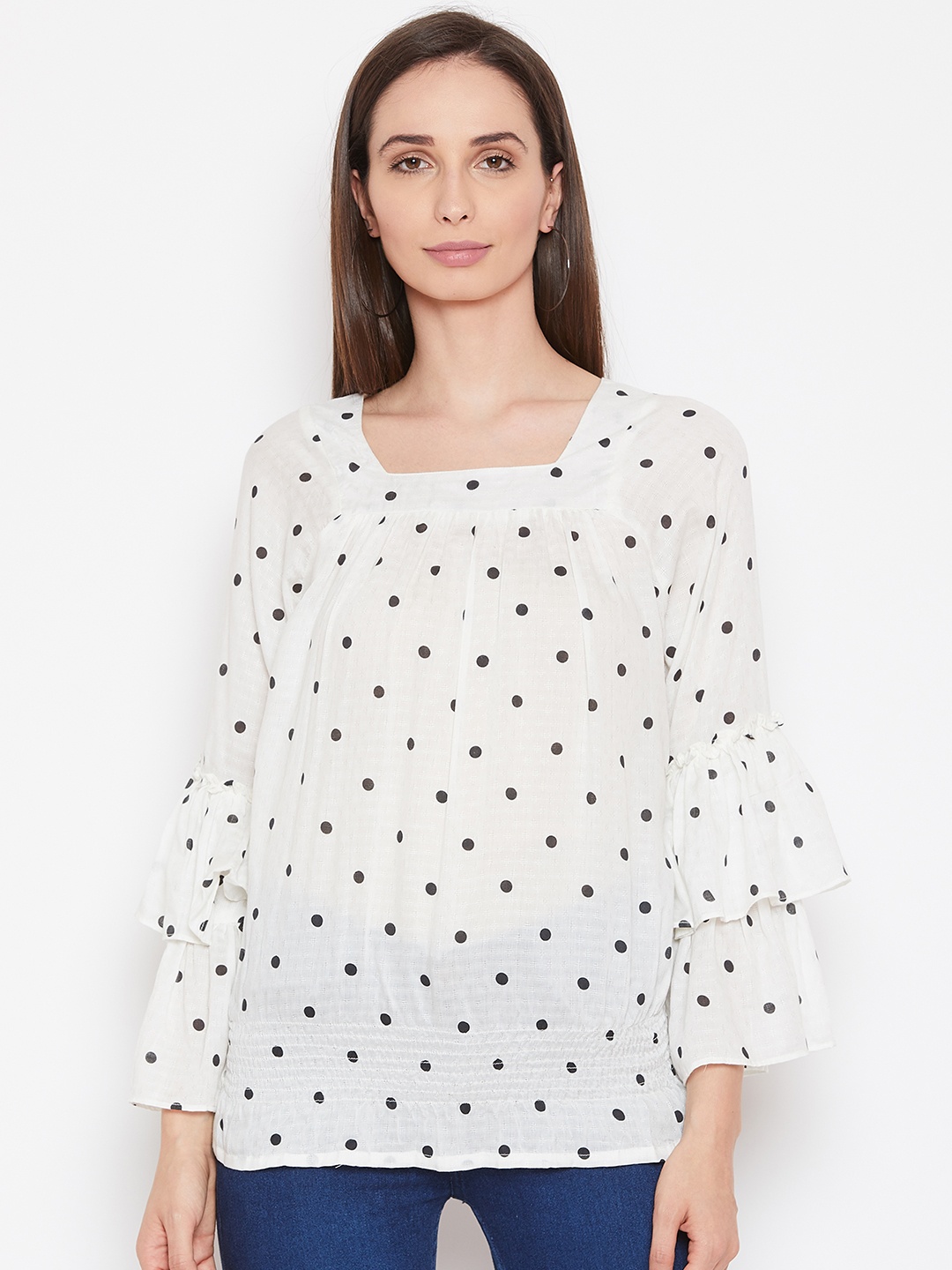 

Alsace Lorraine Paris Women White & Black Printed Blouson Top