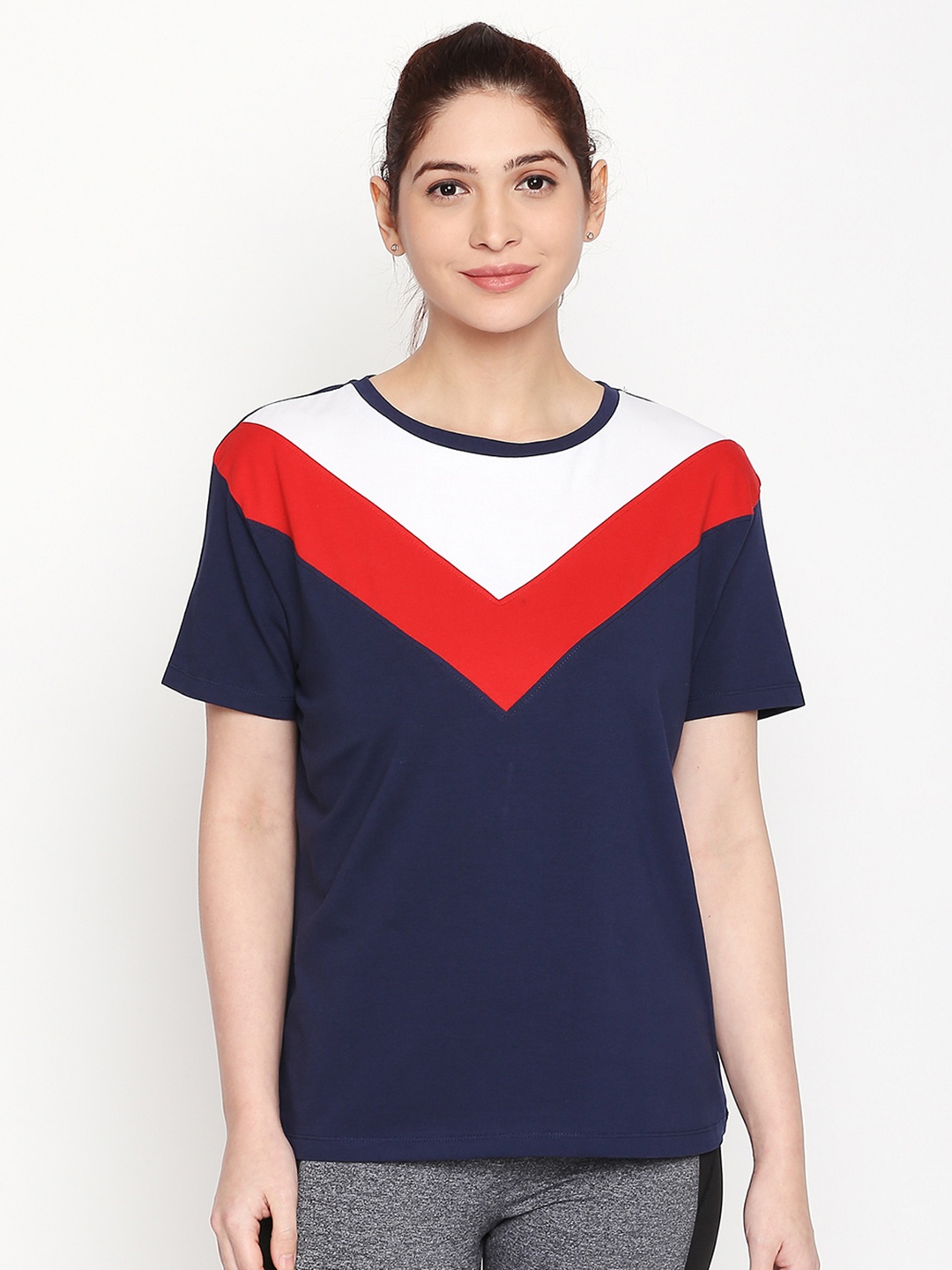 

Ajile by Pantaloons Women Navy Blue Colourblocked Round Neck Pure Cotton T-shirt