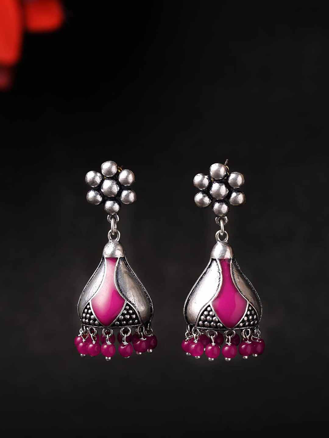 

Voylla Silver-Toned & Pink Dome Shaped Jhumkas