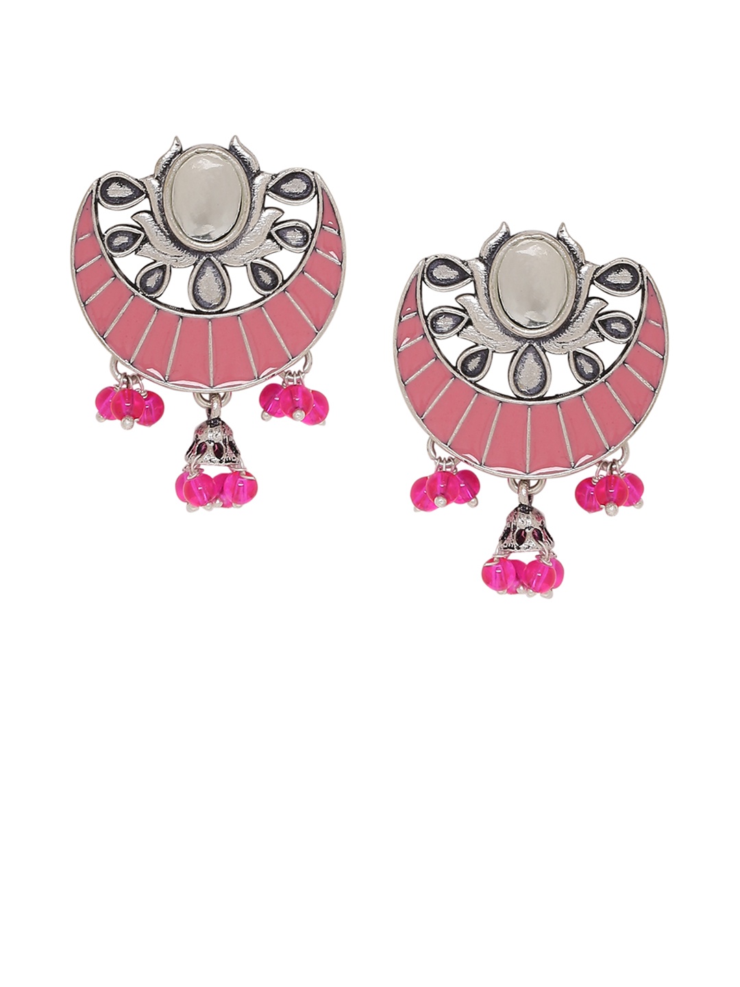 

Voylla Oxidised Silver-Plated & Mauve Crescent Shaped Oversized Studs