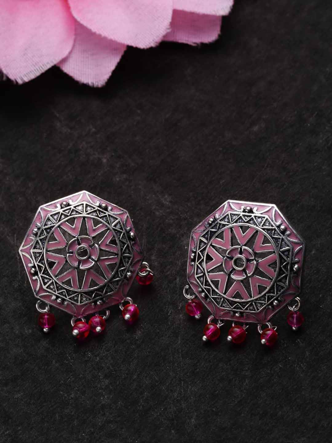 

Voylla Oxidised Silver-Plated & Mauve Geometric Oversize Studs