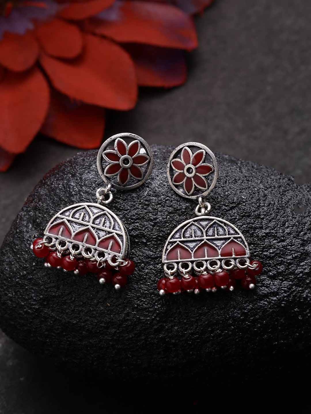 

Voylla Silver-Toned & Red Dome Shaped Jhumkas