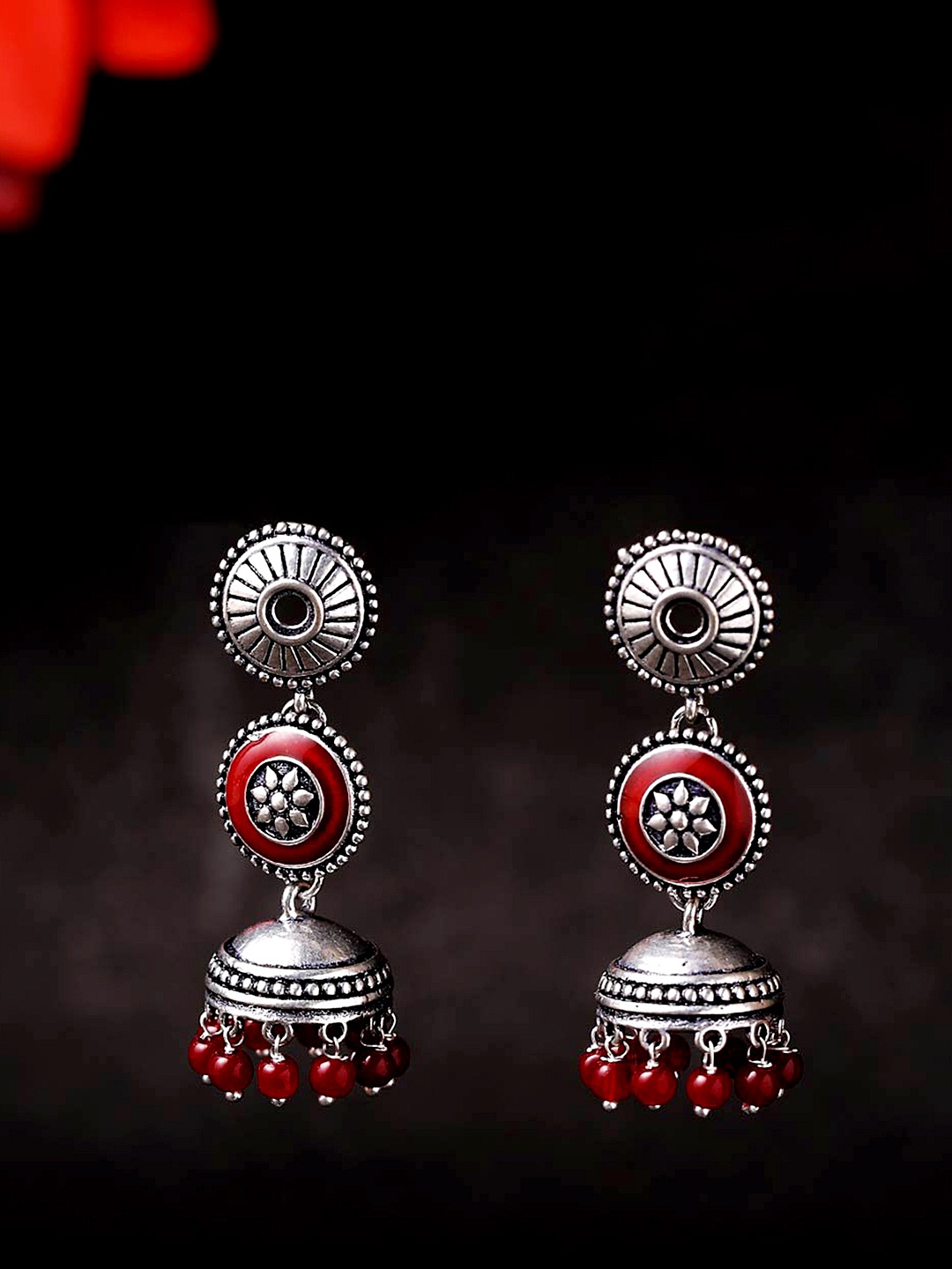 

Voylla Oxidised Silver-Plated & Red Circular Jhumkas