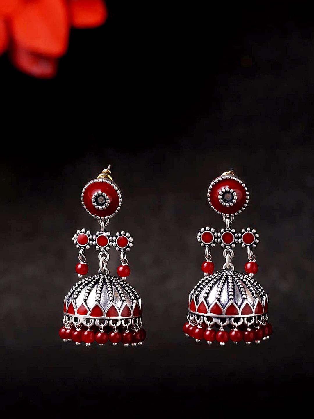 

Voylla Oxidised Silver-Plated & Red Contemporary Jhumkas