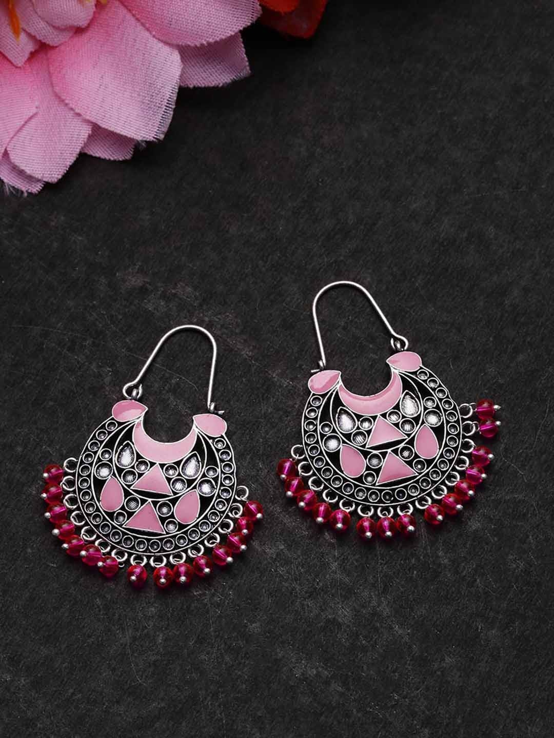 

Voylla Silver-Toned & Pink Circular Hoop Earrings