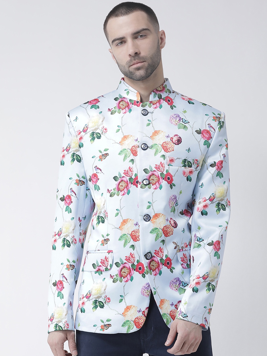 

Hangup Men Off-White & Multicoloured Printed Single-Breasted Blazer