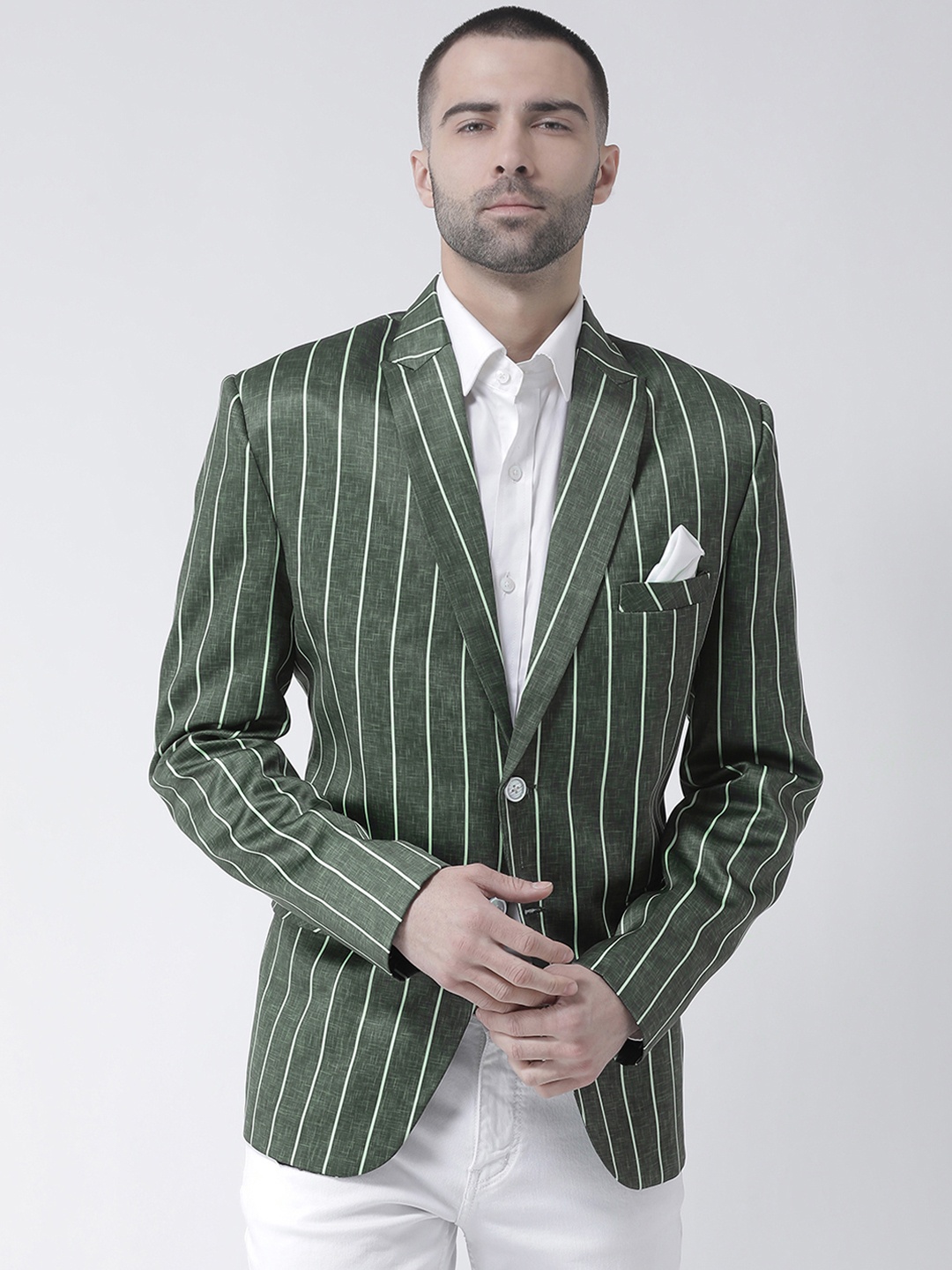 

Hangup Men Green Striped Regular-Fit Single-Breasted Blazer