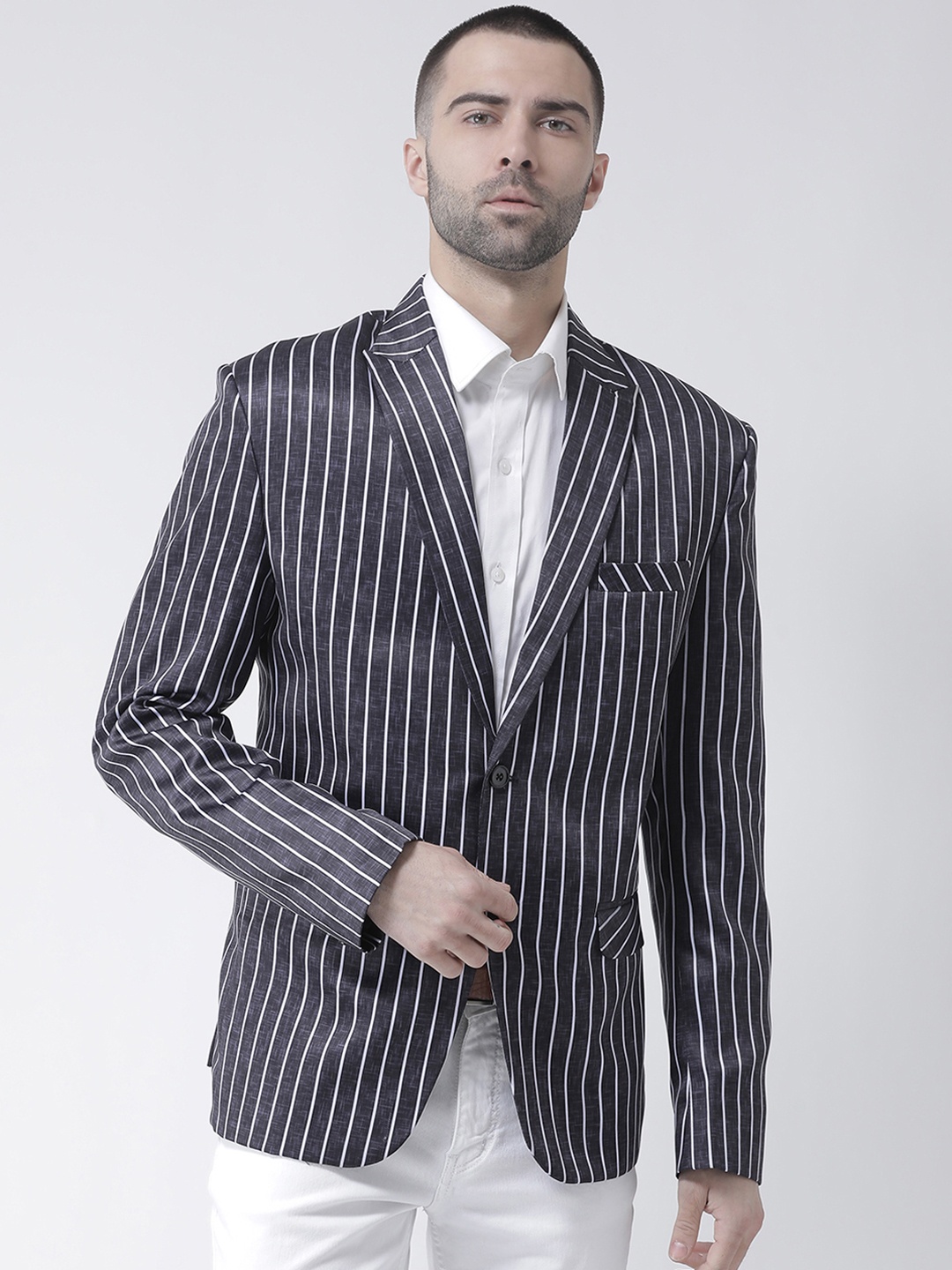 

Hangup Men Charcoal Grey Striped Regular-Fit Single-Breasted Blazer