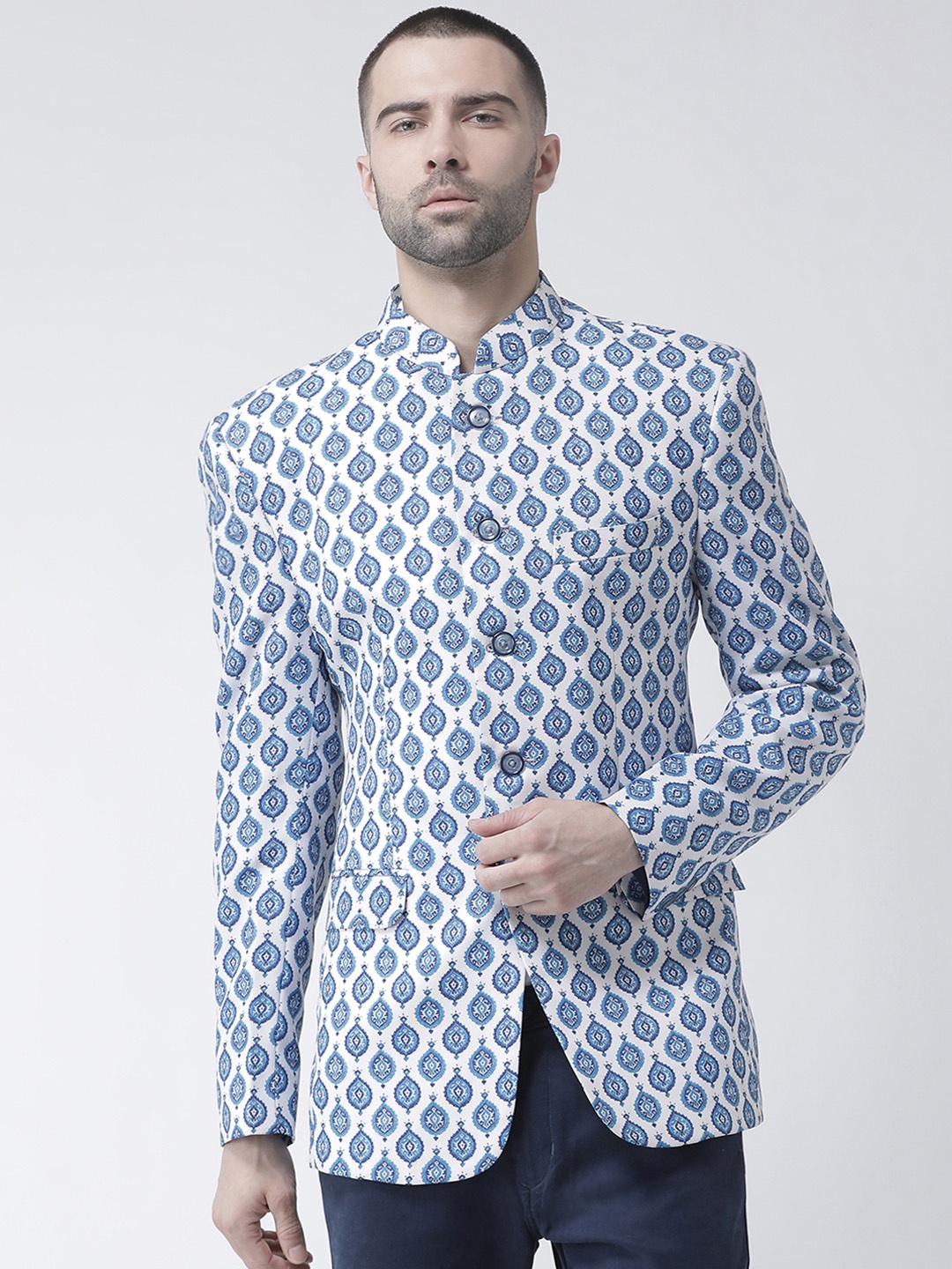 

Hangup Men Blue & Off-White Printed Single-Breasted Blazer