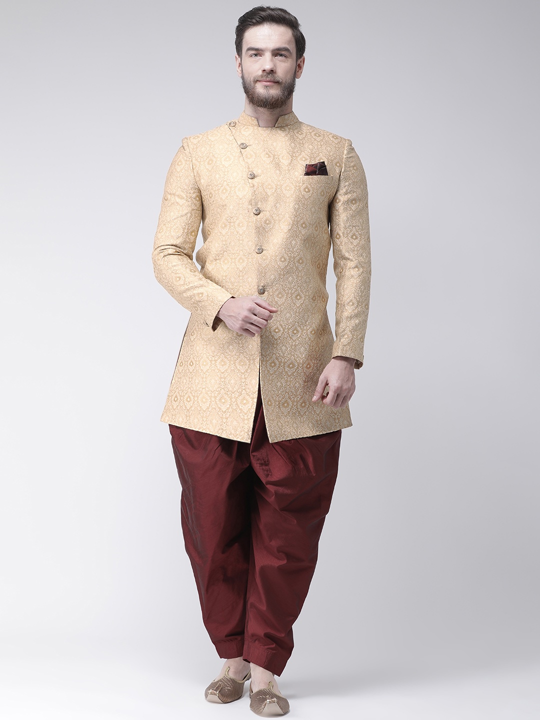 

Hangup Men Cream-Coloured & Maroon Sherwani With Dhoti Pants