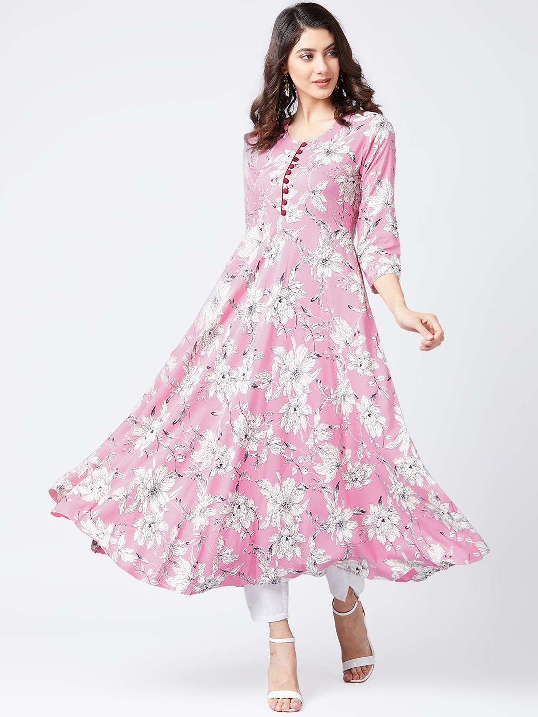 

Tissu Women Pink & Off-White Floral Print Anarkali Kurta