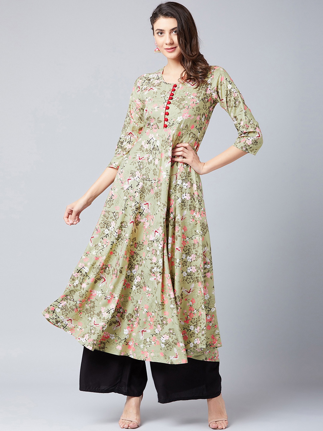 

Tissu Women Green Floral Print Anarkali Kurta