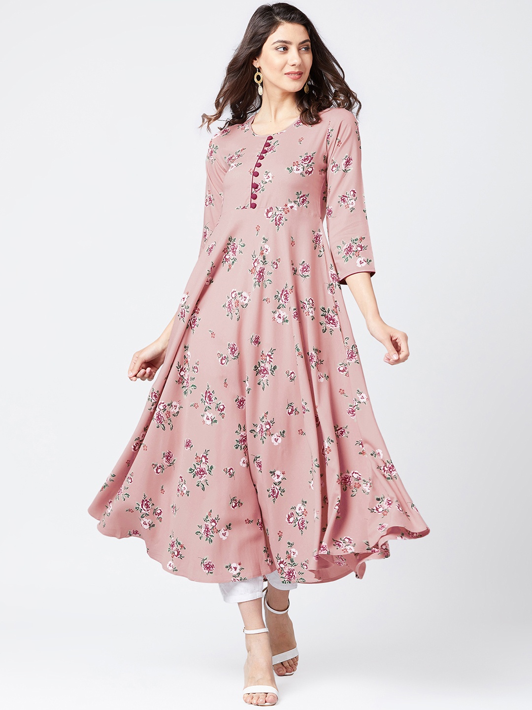 

Tissu Women Pink Floral Print Anarkali Kurta