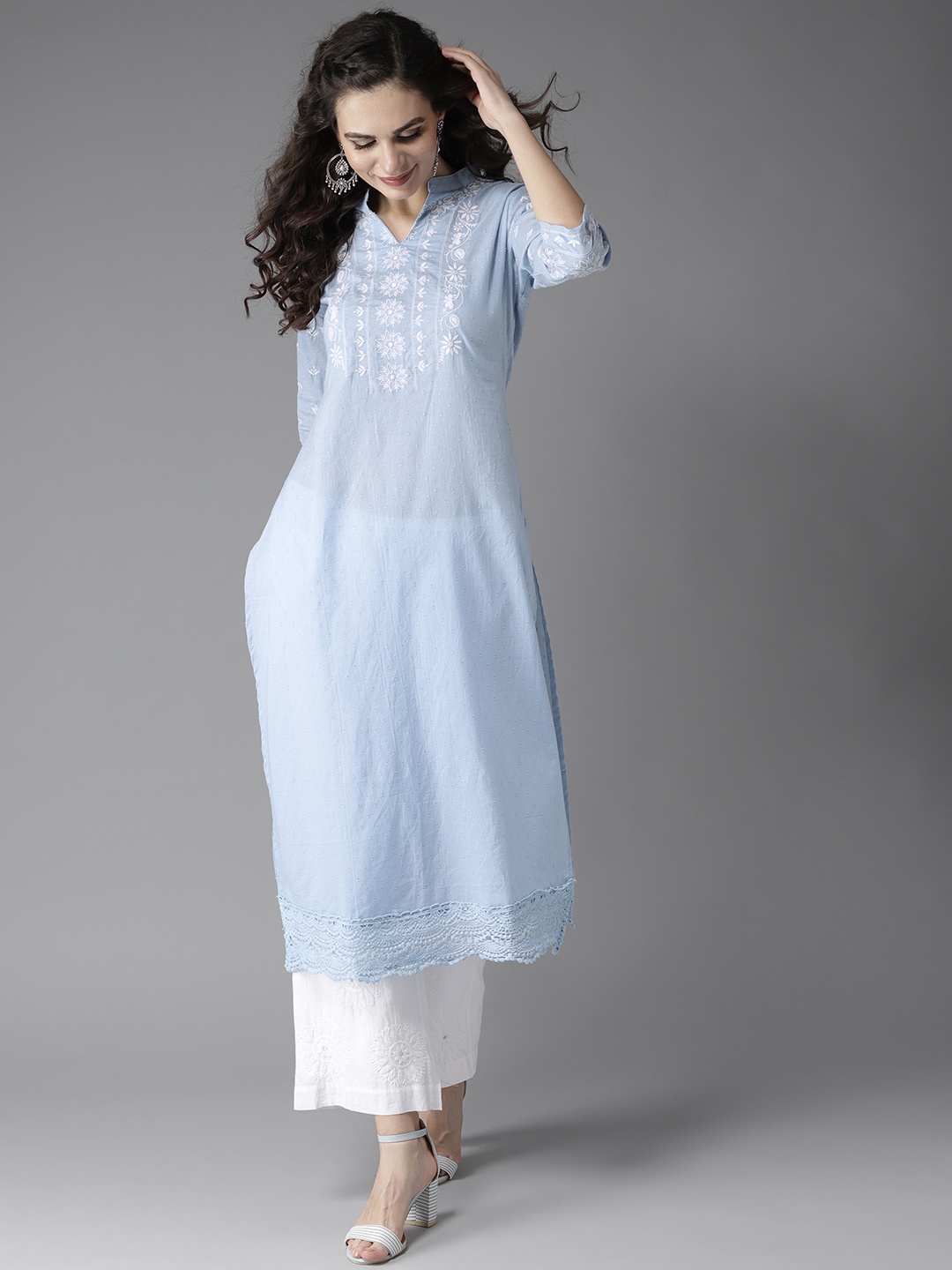 

Moda Rapido Women Blue & White Woven Design Straight Kurta