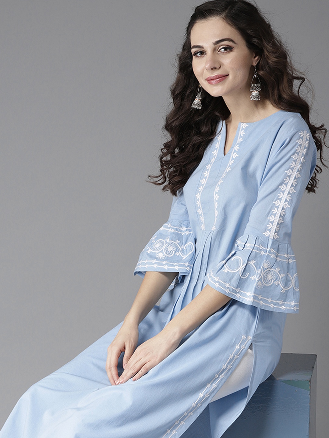 

Moda Rapido Women Blue & White Yoke Design Straight Kurta