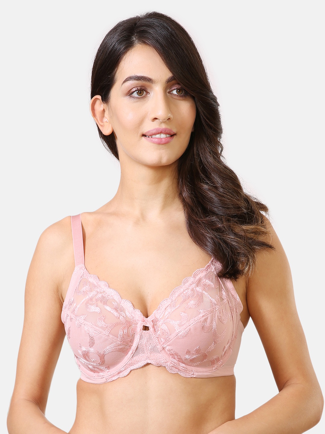 Van Heusen Women Silver Pink Plush Back No Slip Strap Wired Embroidered Mesh Bra
