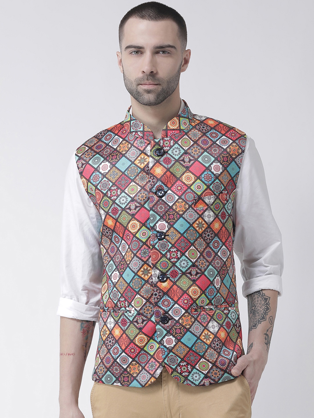 

Hangup Men Multicoloured Printed Linen Nehru Jacket, Multi