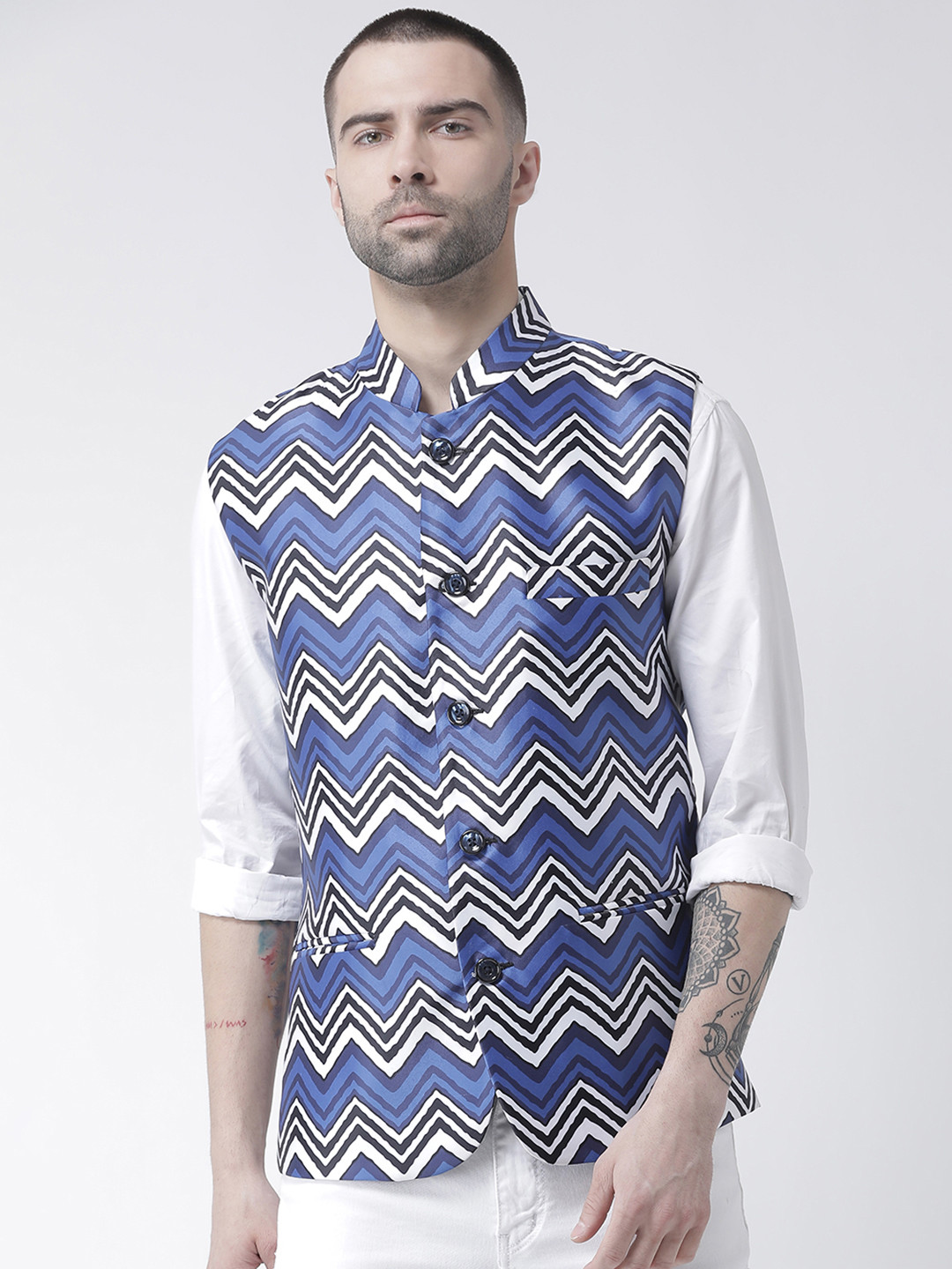 

Hangup Men Blue Printed Linen Nehru Jacket