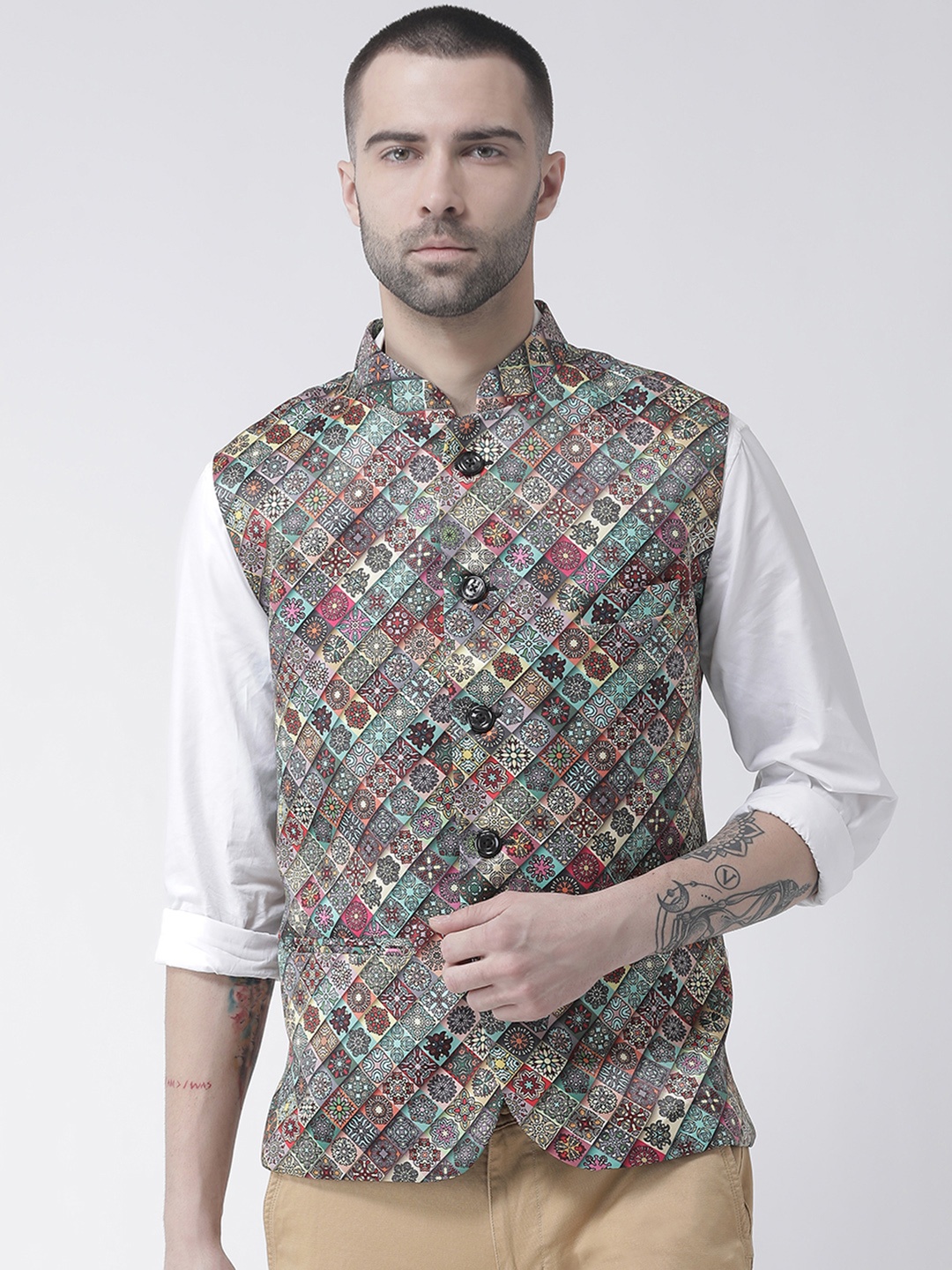 

Hangup Men Multicoloured Printed Linen Nehru Jacket, Multi