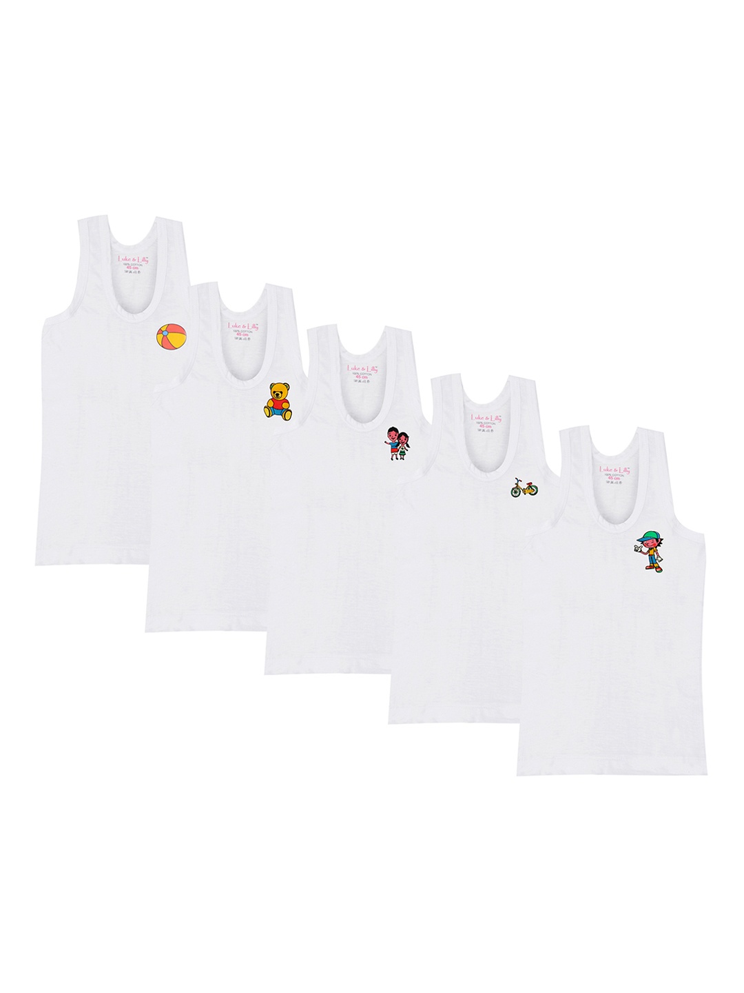 

Luke & Lilly Boys Pack of 5 Solid Printed Innerwear Vests LNLKDSVST001, White