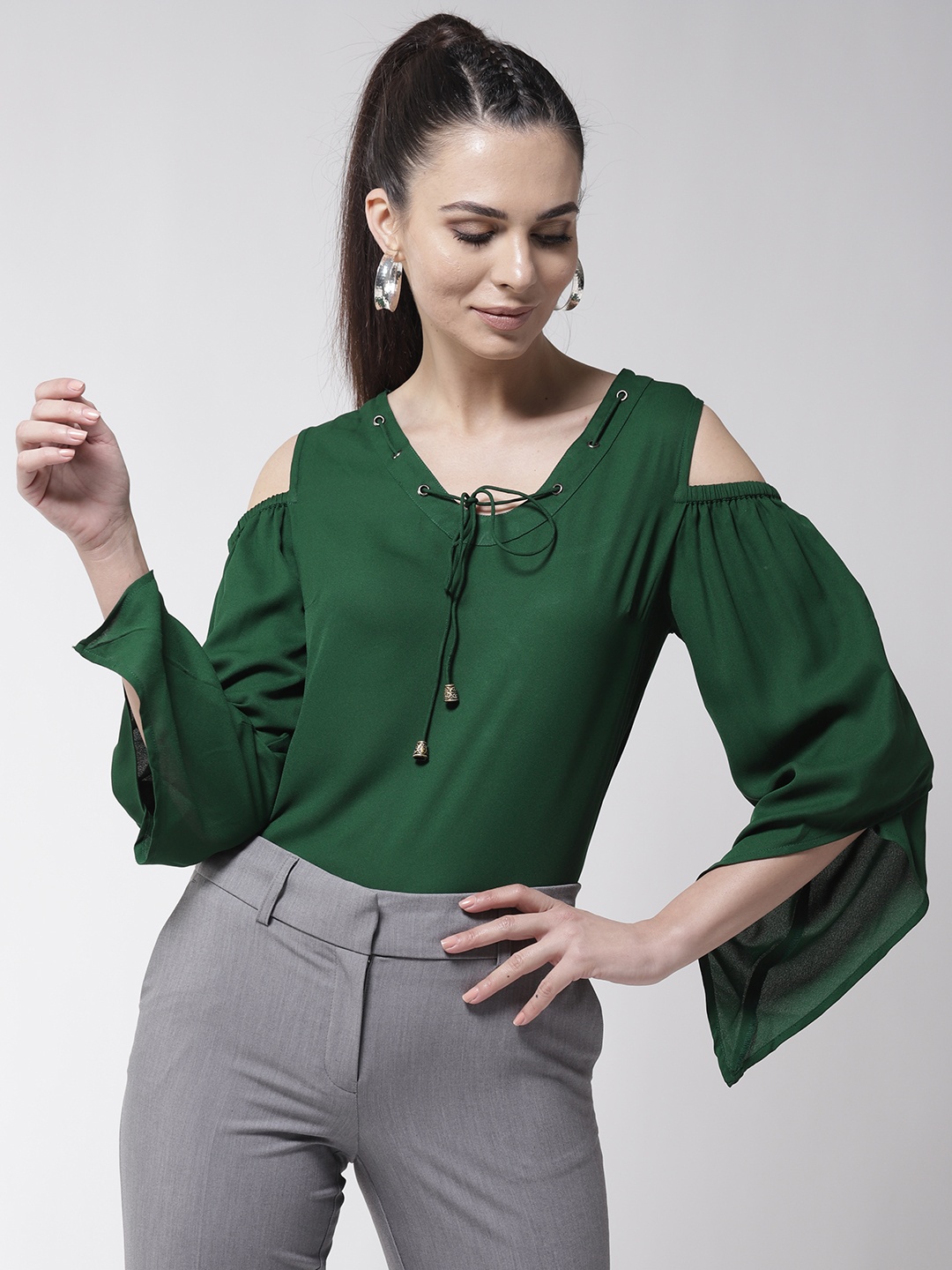 

La Zoire Women Green Solid Cold-Shoulder Top