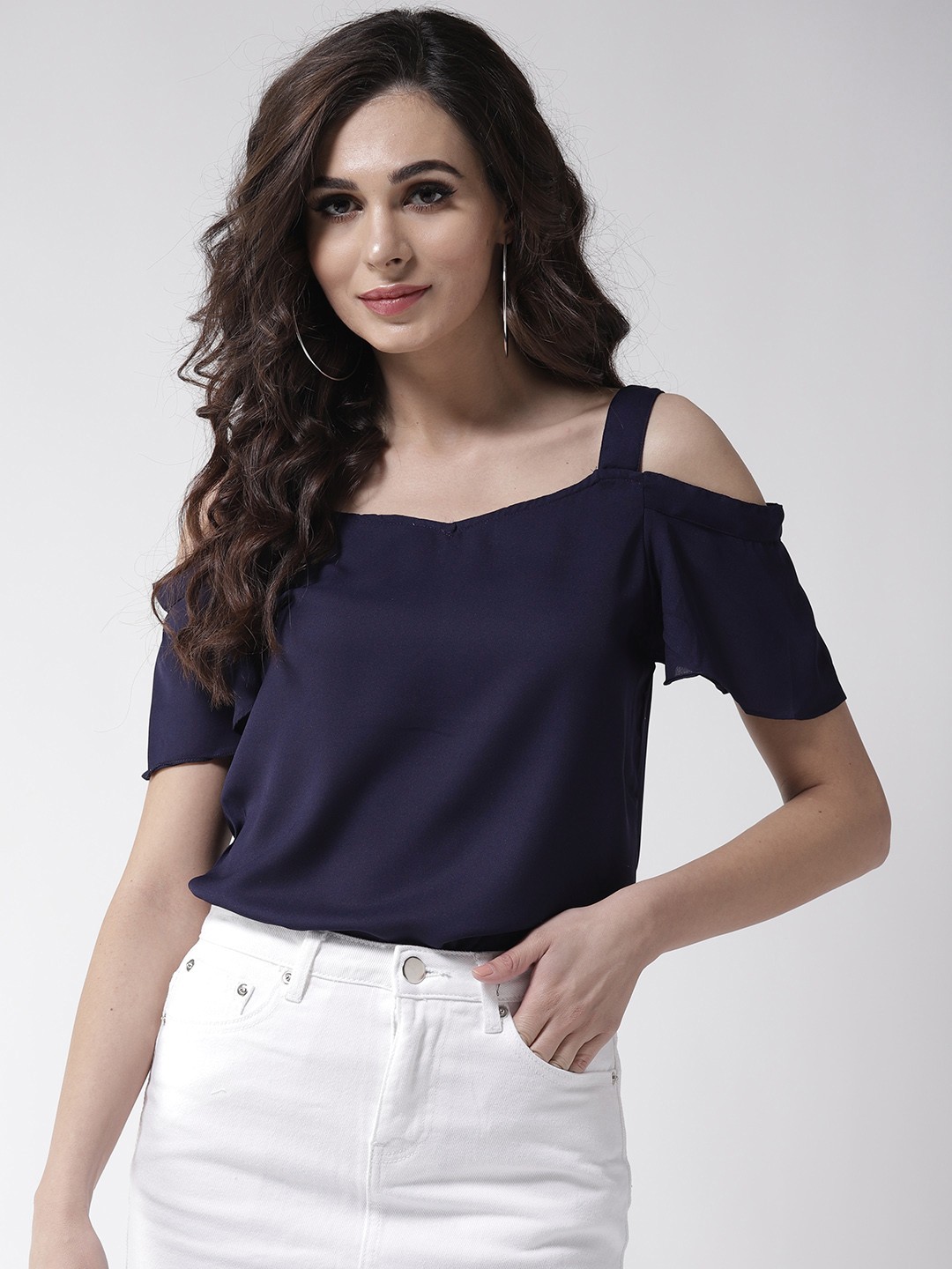 

La Zoire Women Navy Blue Solid Cold-Shoulder Top