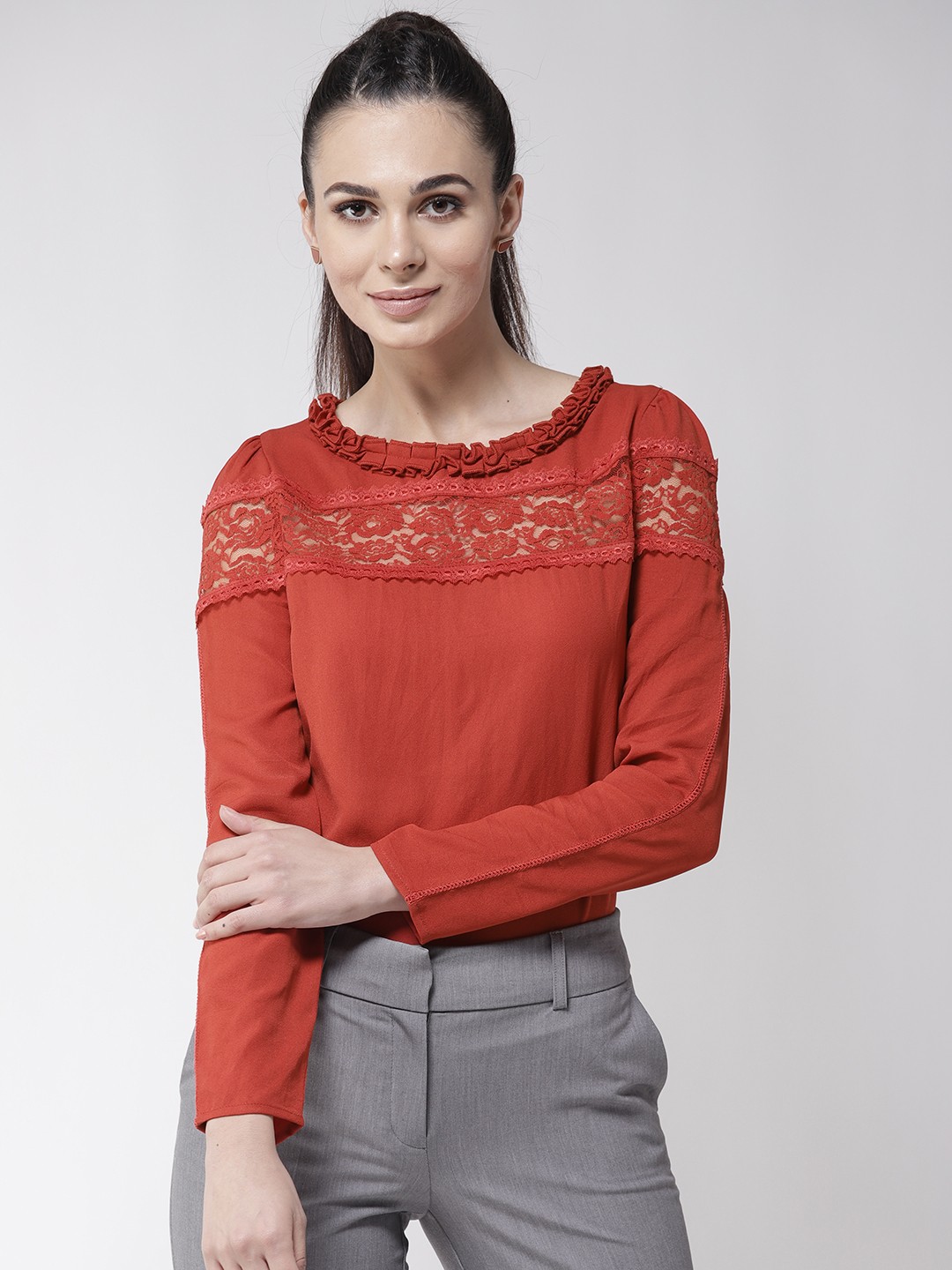 

La Zoire Women Rust Red Solid Lace Inserts Top
