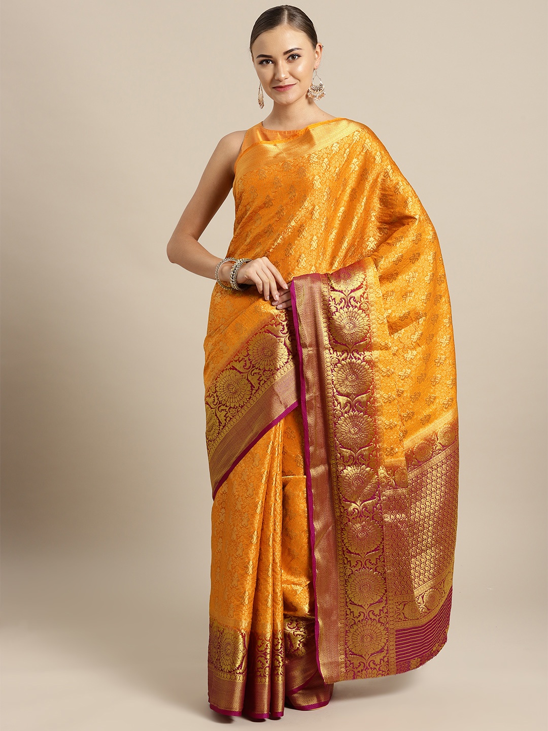 

Saree mall Mustard Yellow & Magenta Woven Design Banarasi Saree