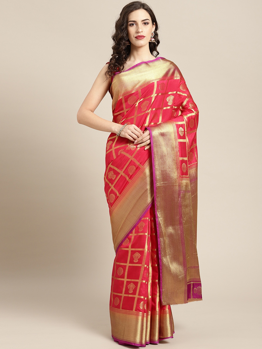 

Saree mall Red & Gold-Toned Checked Banarasi Saree