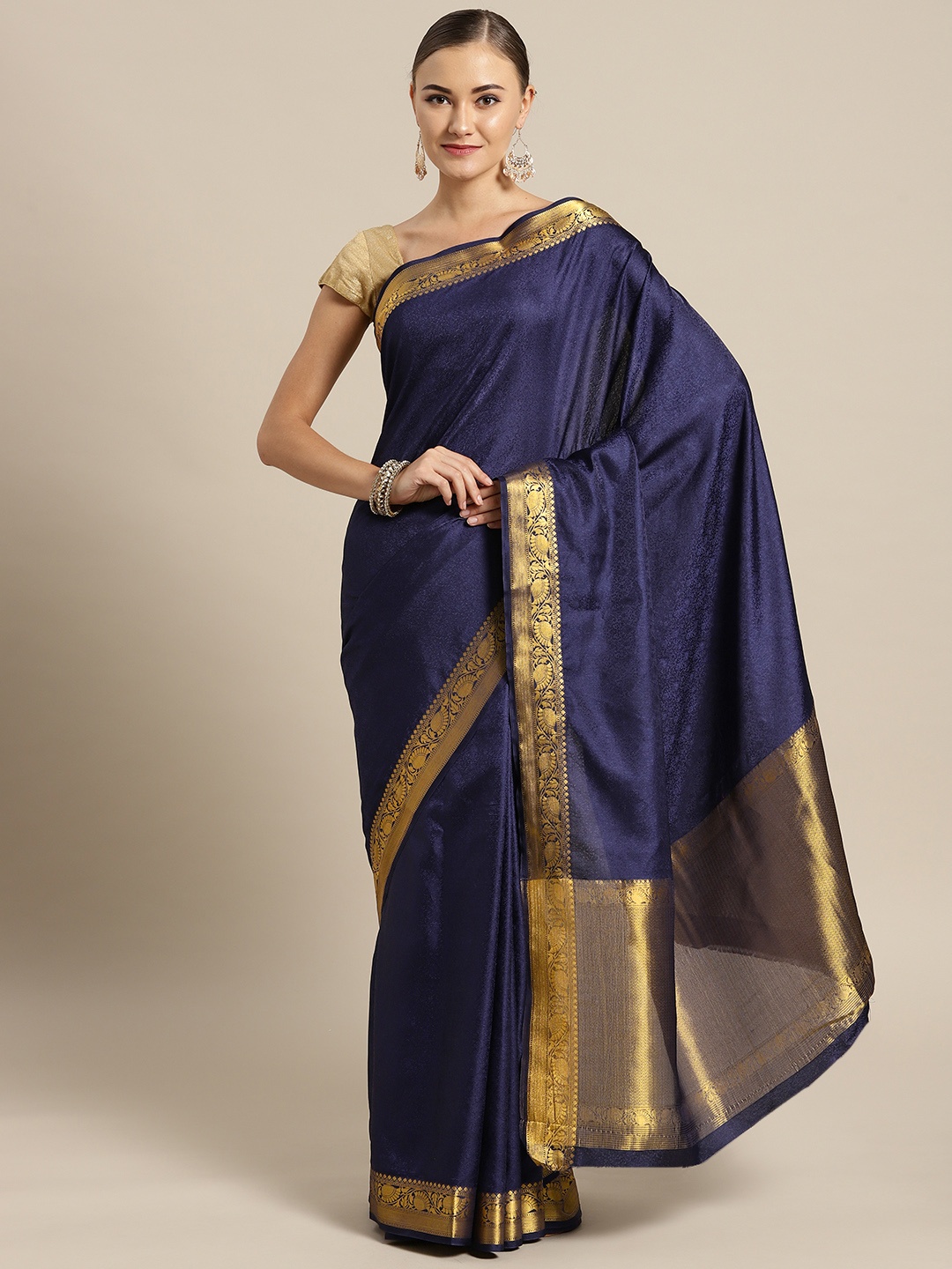 

Saree mall Navy Blue & Golden Woven Design Saree