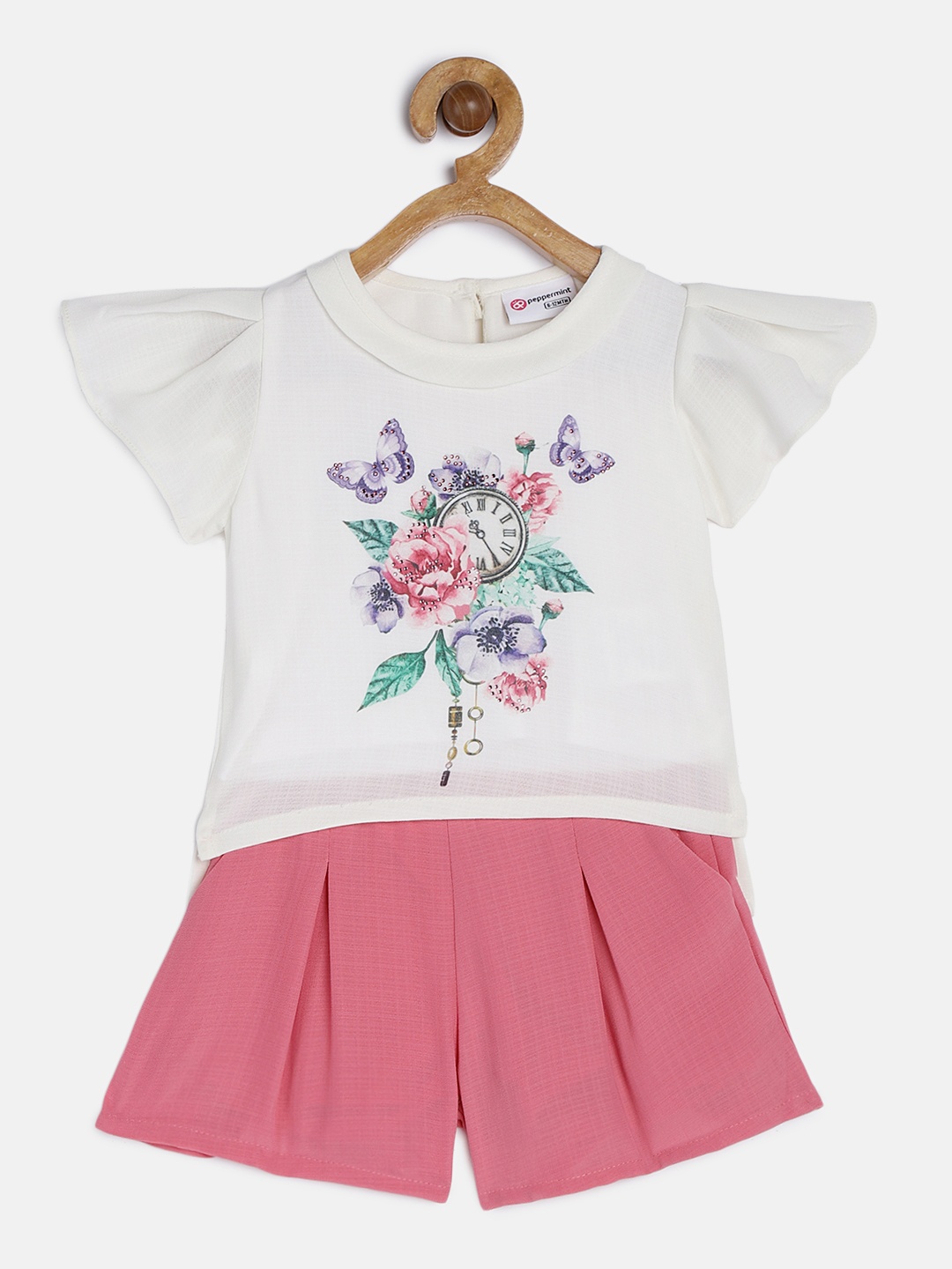 

Peppermint Girls Off-White & Pink Printed Top with Shorts
