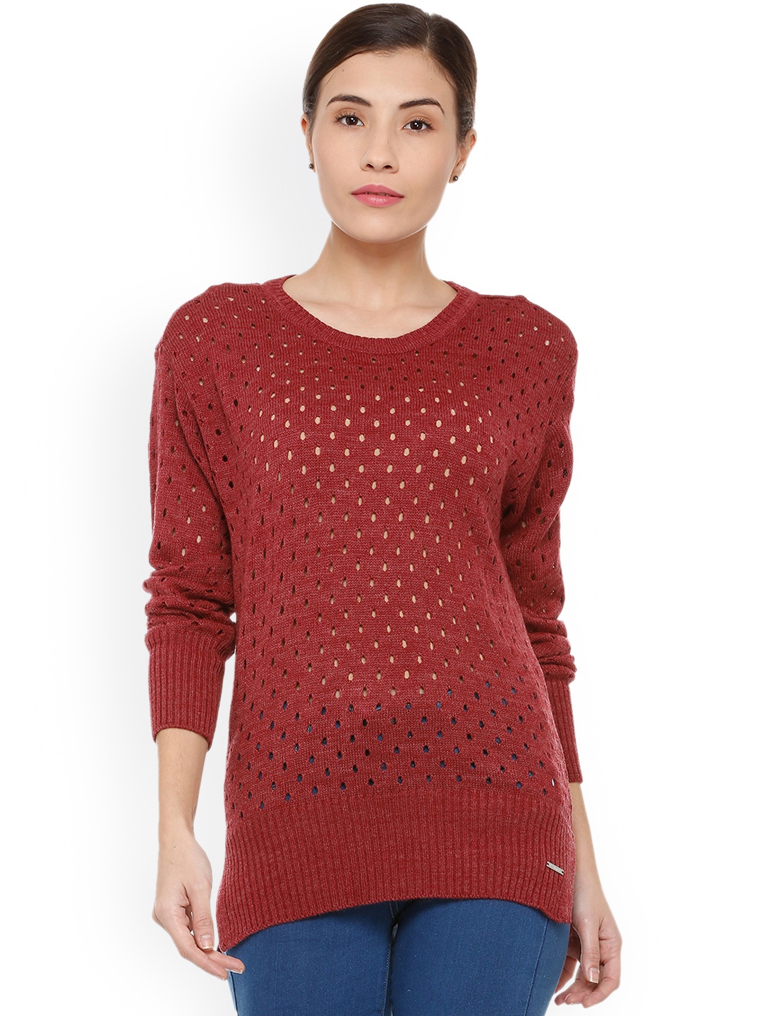 

Van Heusen Women Maroon Self Design Sweater