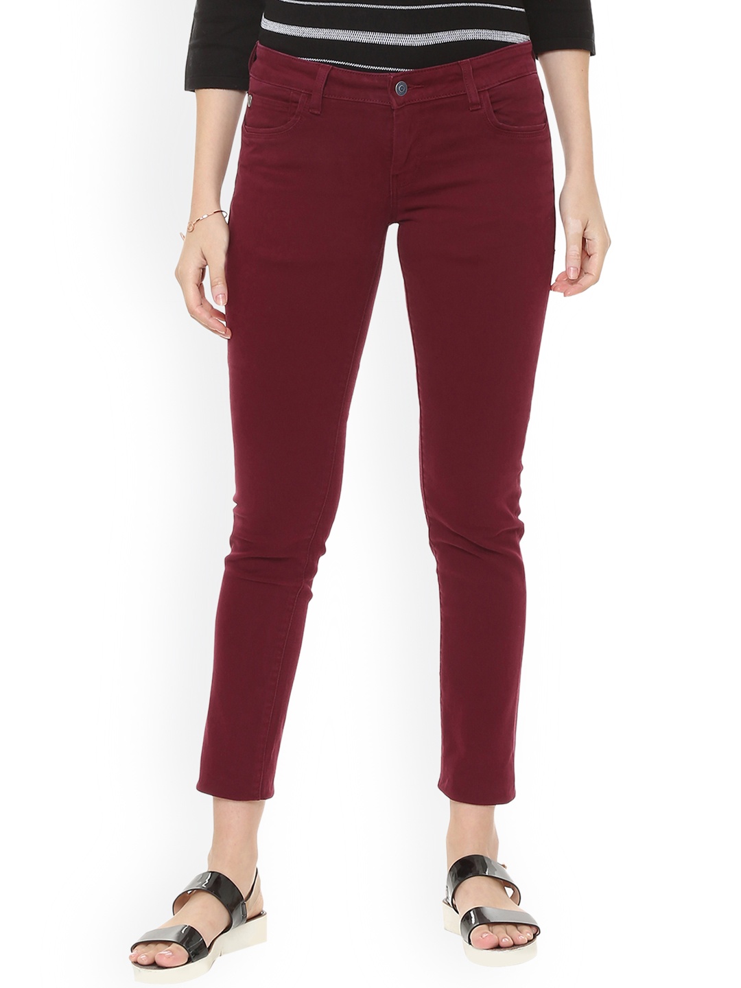 

Allen Solly Woman Maroon Slim Fit Mid-Rise Clean Look Stretchable Jeans