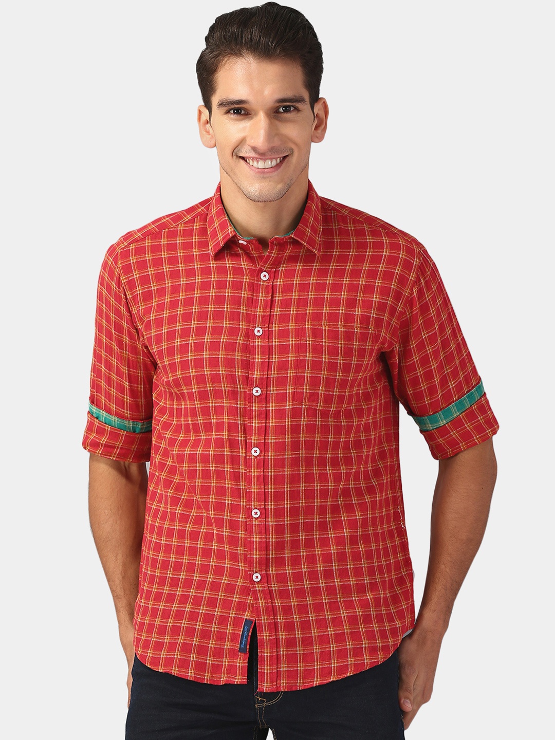 

CAVALLO by Linen Club Men Cotton Linen Red Regular Fit Checked Casual Shirt