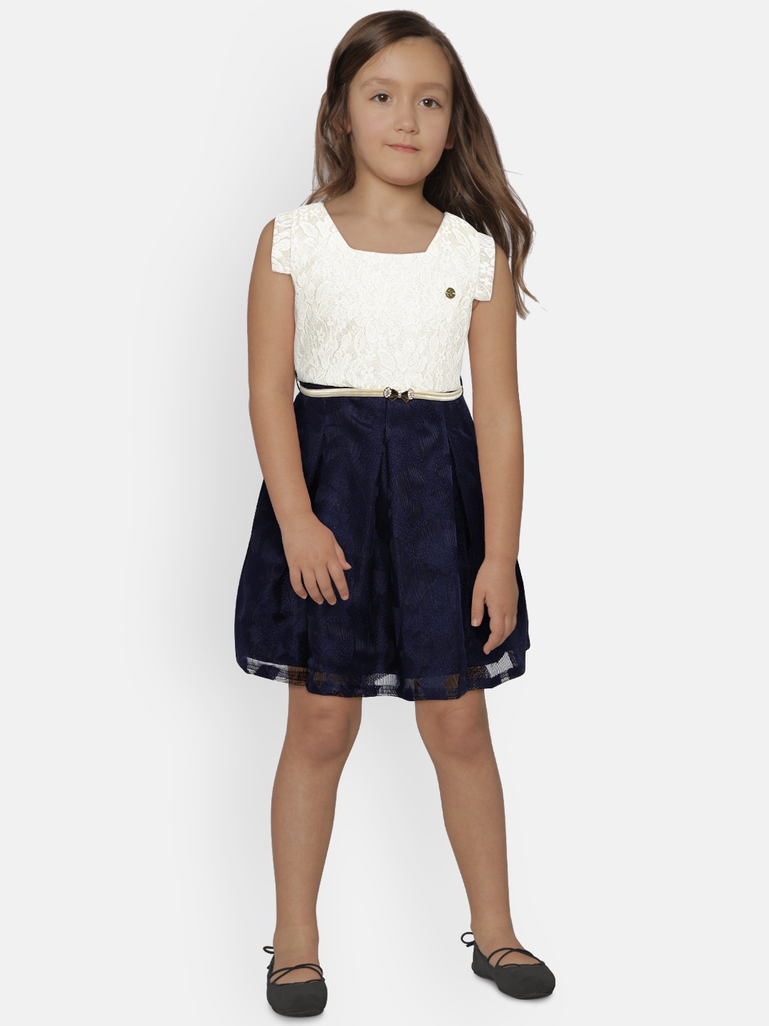 

Peppermint Girls Navy Blue Self Design Fit and Flare Dress