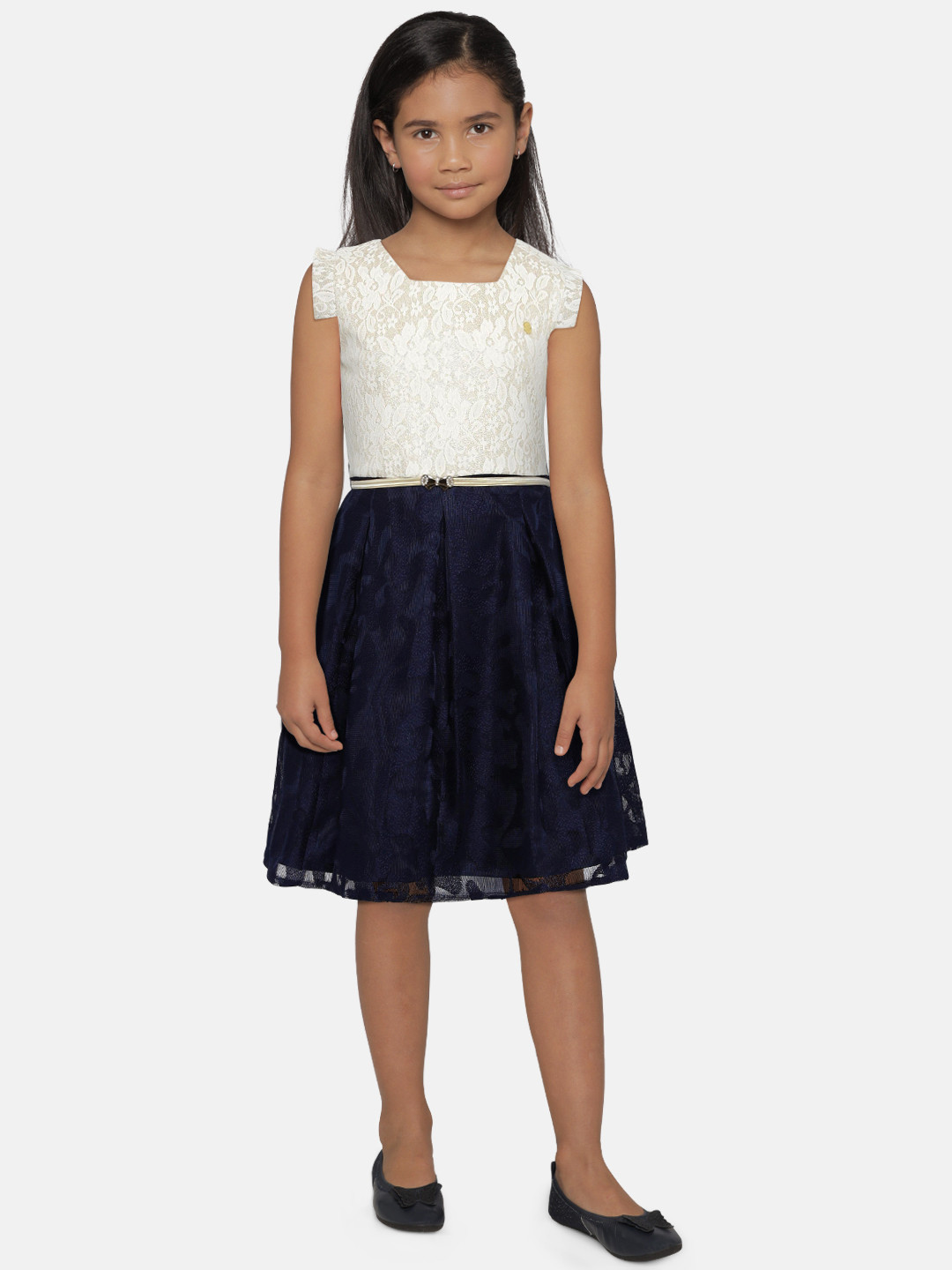 

Peppermint Girls Navy Blue & Beige Embellished Fit and Flare Dress