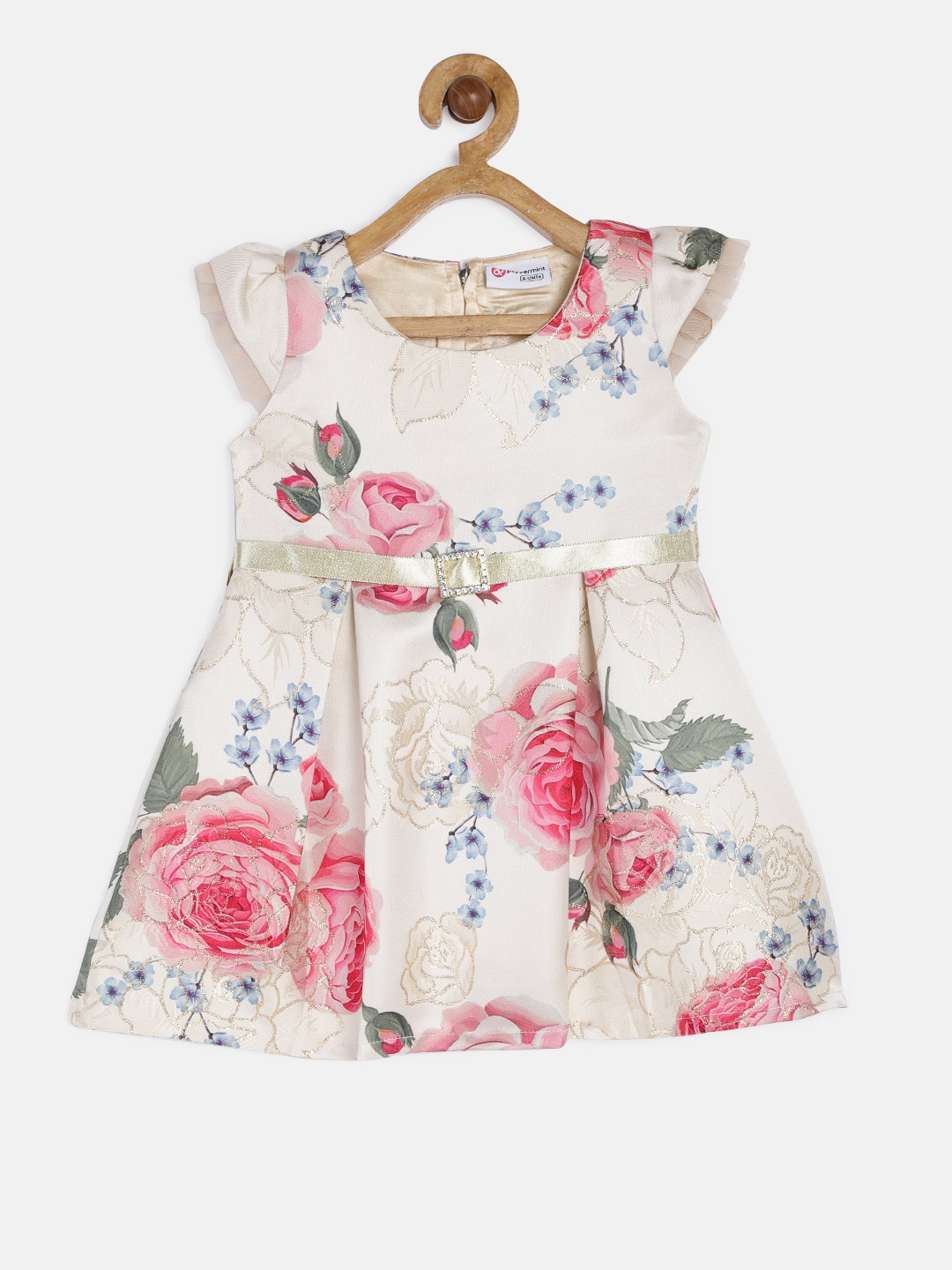 

Peppermint Girls Beige & Pink Printed Fit and Flare Dress