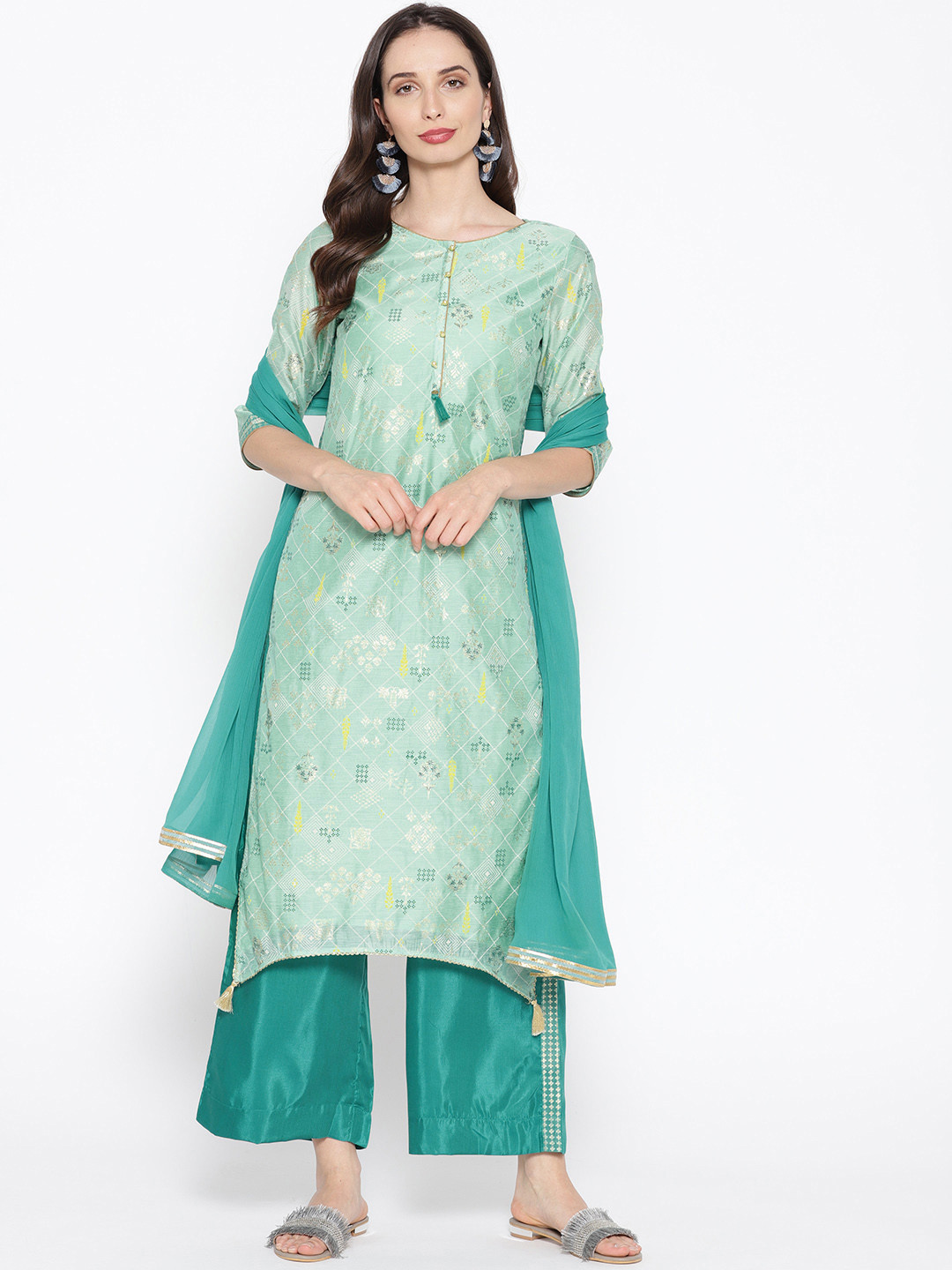 

AURELIA Women Green & Golden Printed Kurta with Palazzos & Dupatta