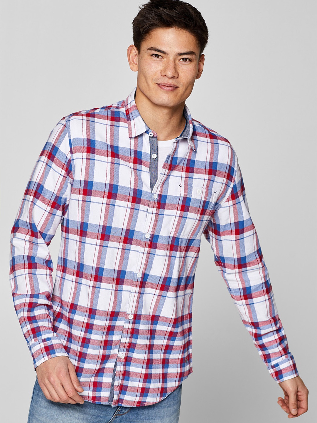 

ESPRIT Men White & Red Slim Fit Checked Casual Shirt