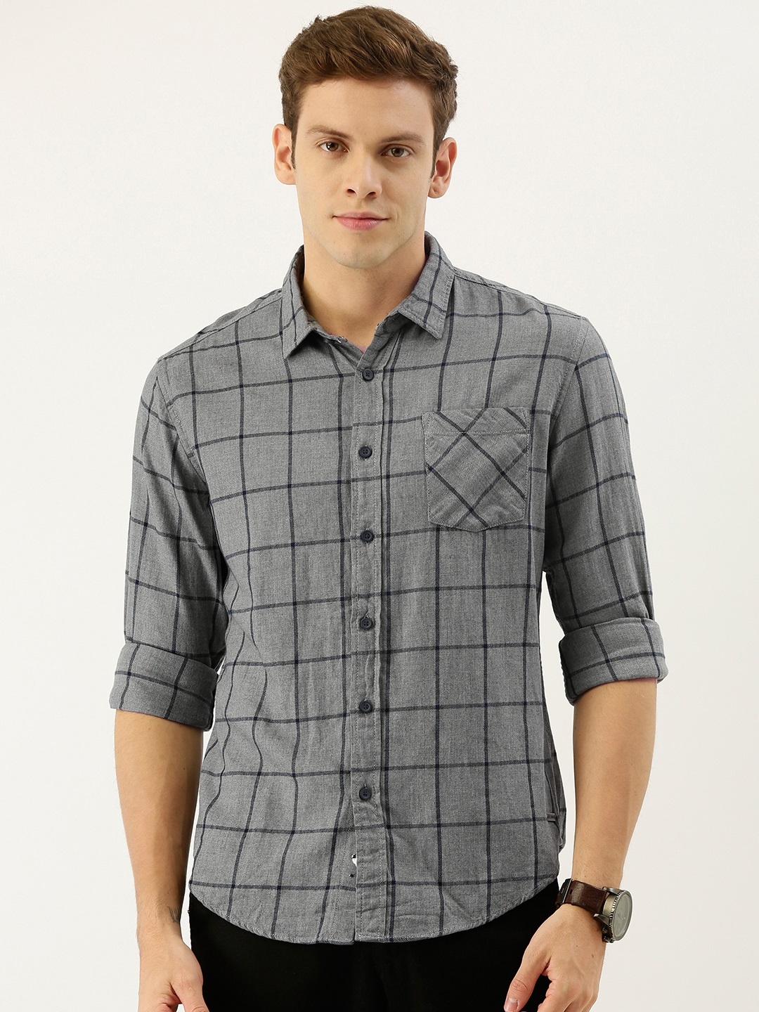

ESPRIT Men Grey & Black Regular Fit Checked Casual Shirt
