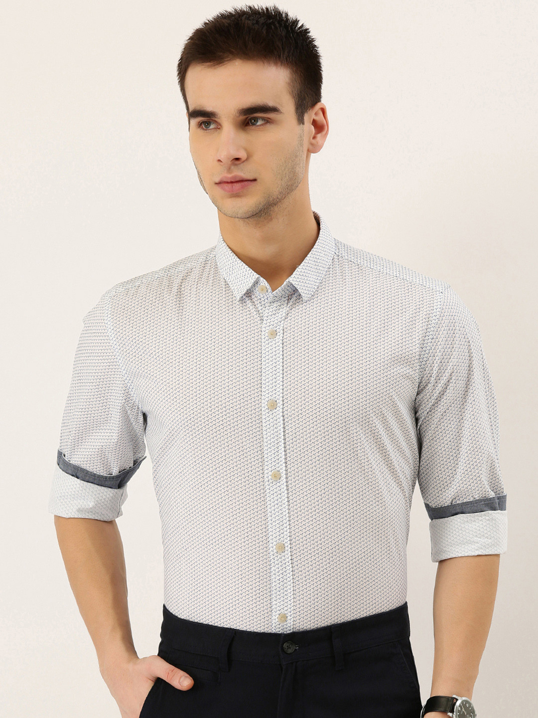 

ESPRIT Men White and Blue Slim Fit Printed Smart Casual Shirt