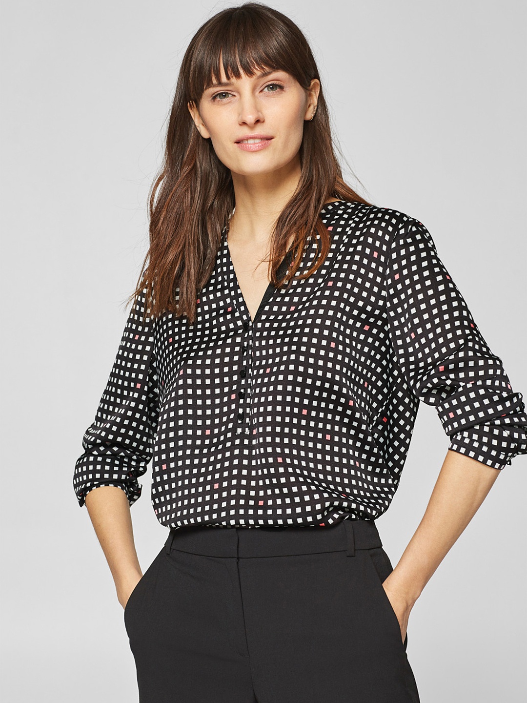 

ESPRIT Women Black & White Checked Shirt Style Top