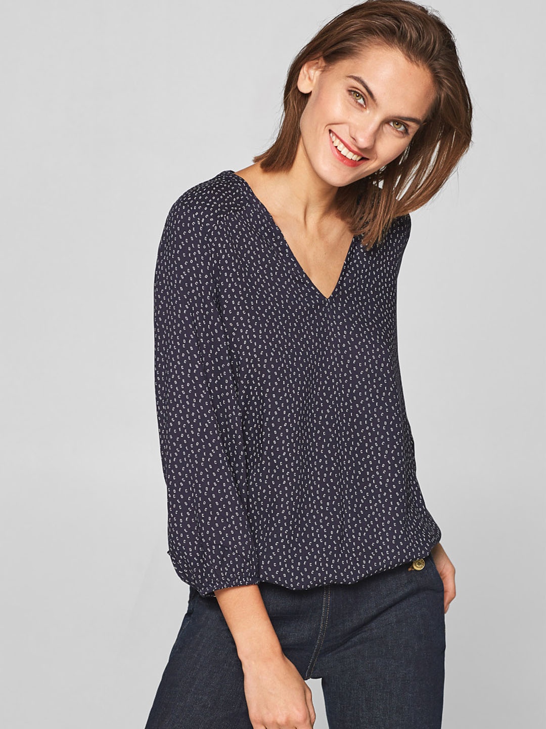 

ESPRIT Women Navy Blue Printed Blouson Top