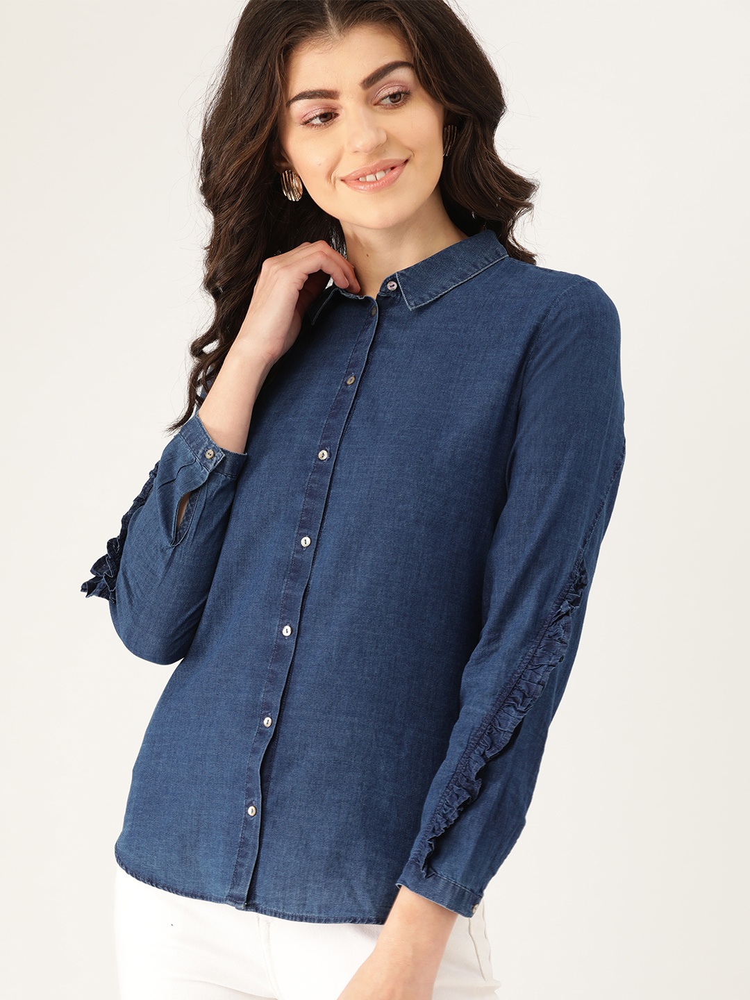 

ESPRIT Women Navy Blue Chambray Regular Fit Solid Casual Shirt