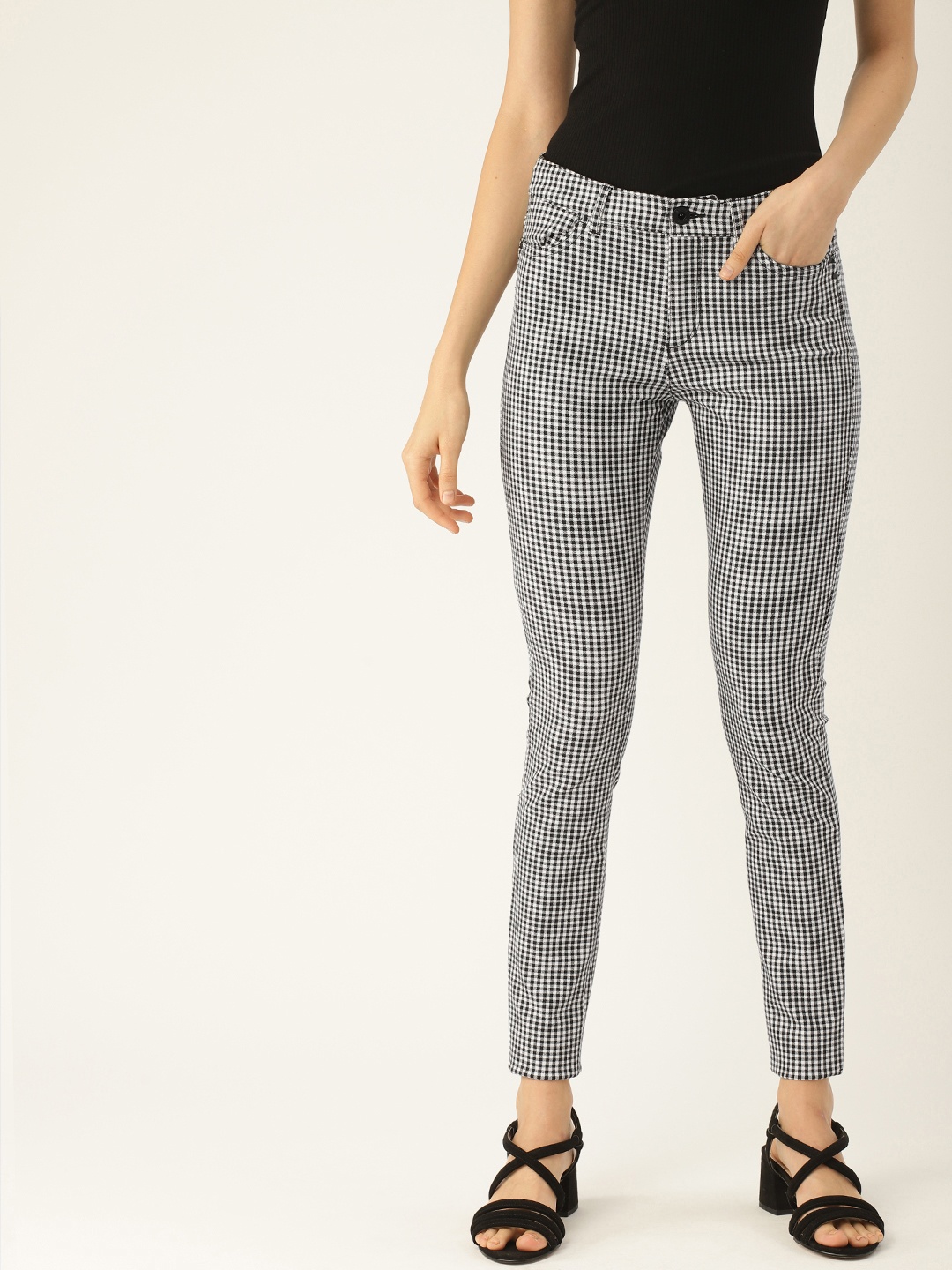 

ESPRIT Women White & Black Regular Fit Checked Trousers