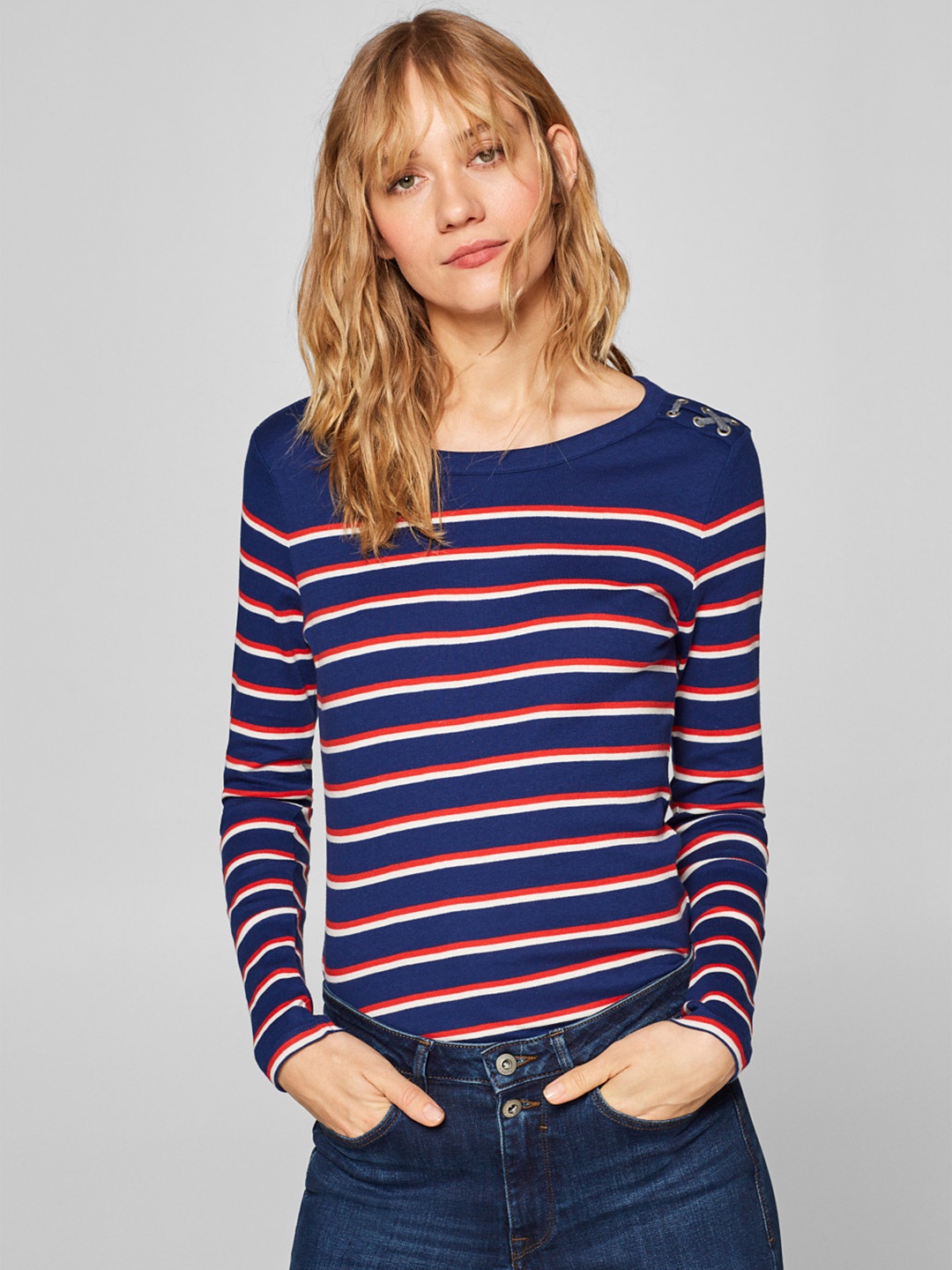 

ESPRIT Women Navy Blue Striped Pure Cotton Top