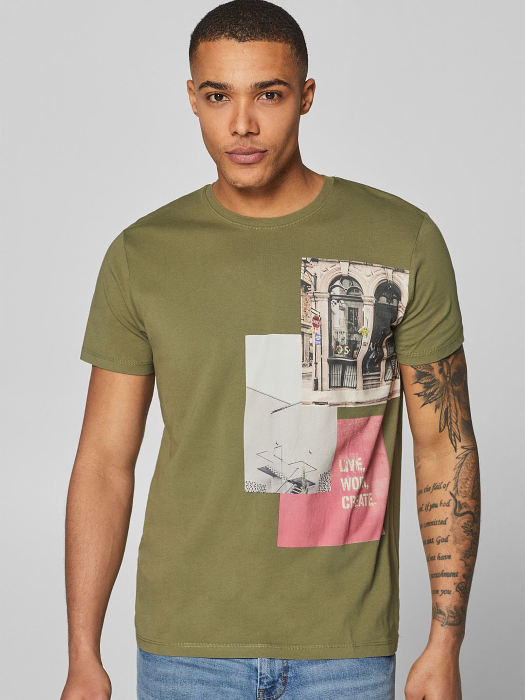 

ESPRIT Men Olive Green Printed Round Neck Pure Cotton T-shirt