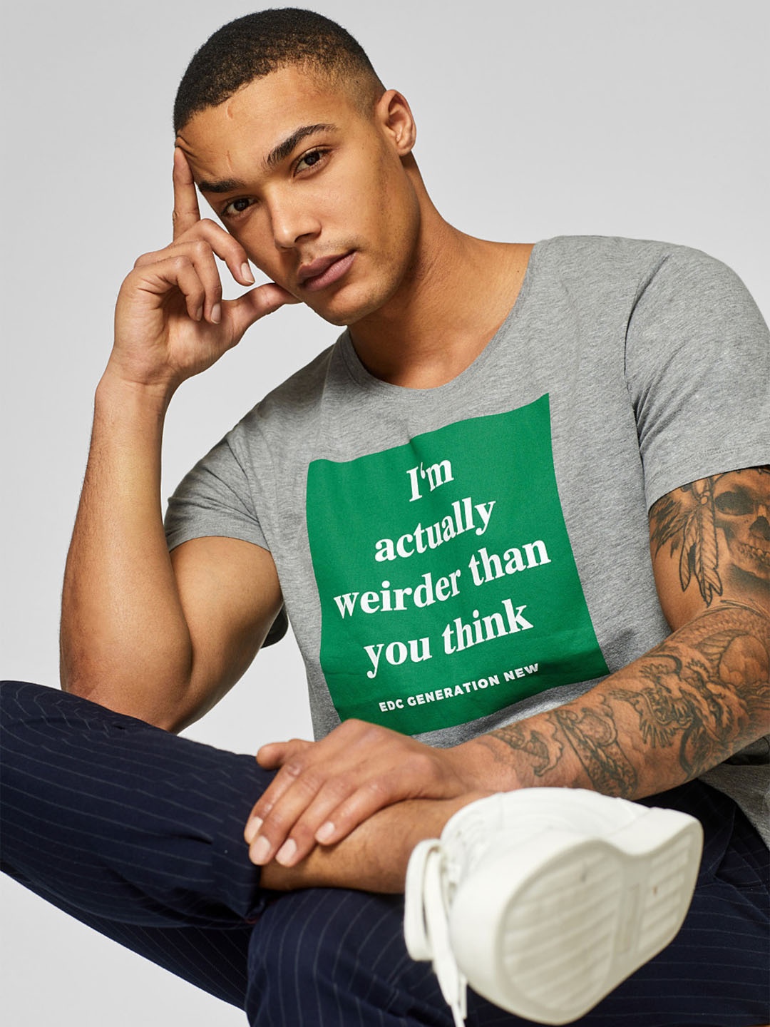 

ESPRIT Men Grey Melange Printed Round Neck T-shirt
